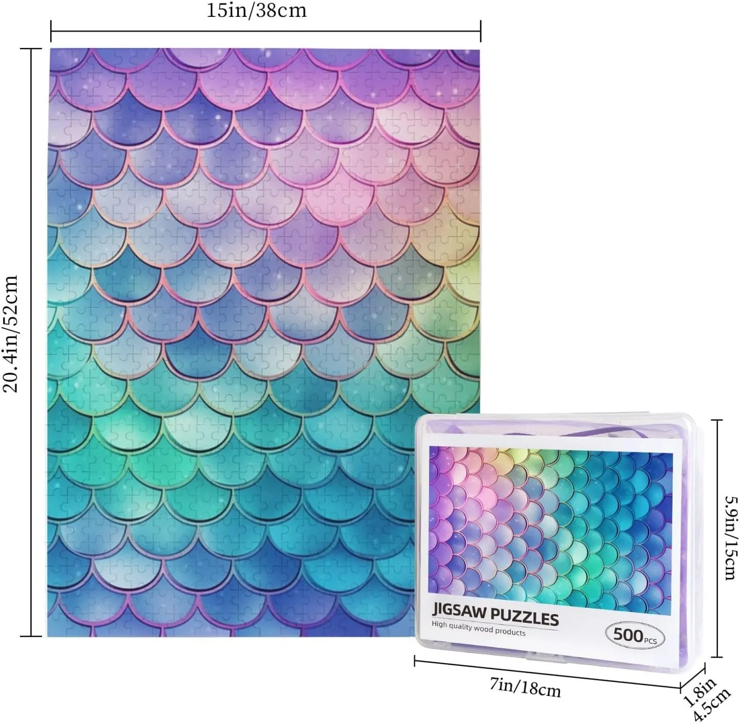 Personalized Wooden Picture Puzzles Custom Puzzle inspect from Pictures Dreamy Gradient Mermaid Scales Puzzles for Adults Family Birthday Valentine's Day Gifts Jigsaw Puzzle from Photos 500 Pieces 