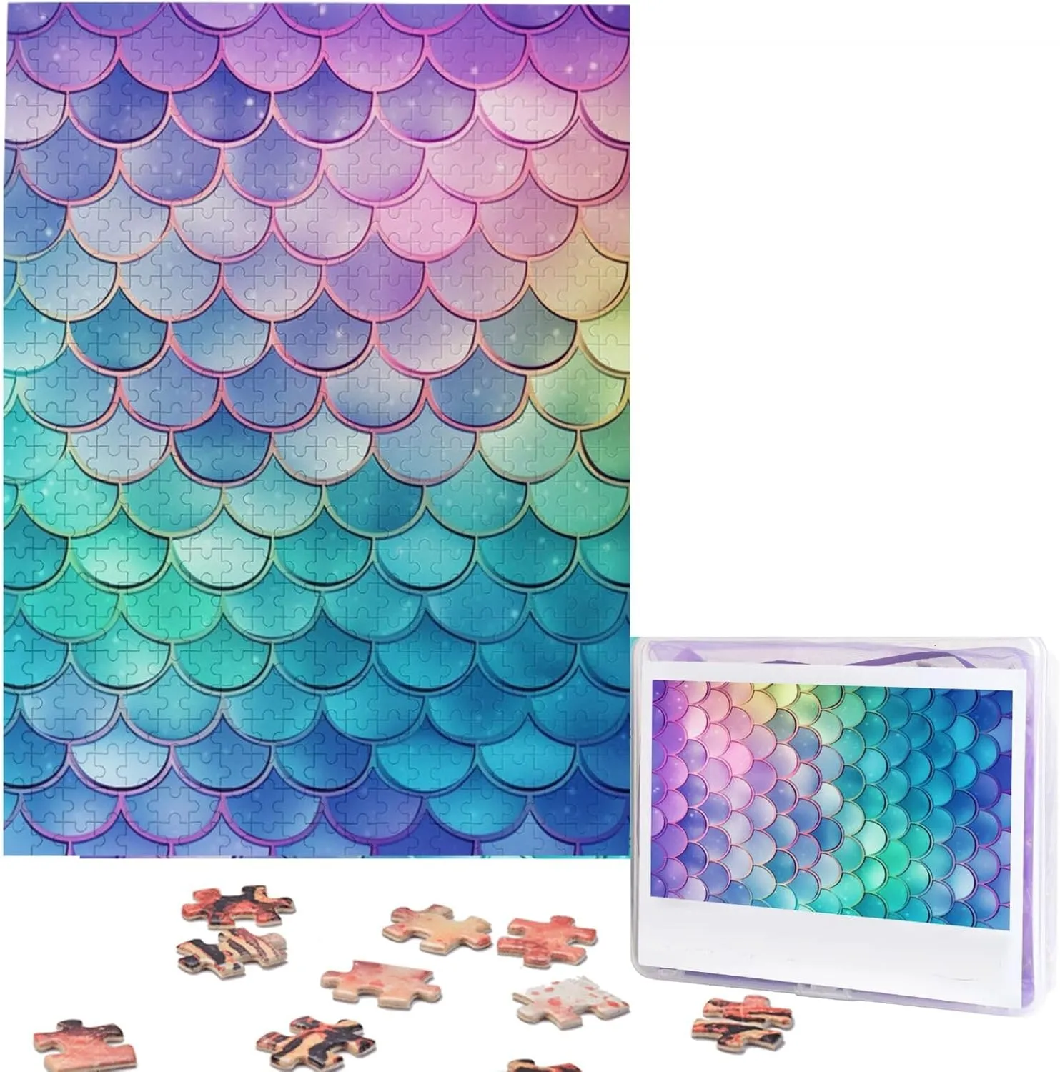 Personalized Wooden Picture Puzzles Custom Puzzle inspect from Pictures Dreamy Gradient Mermaid Scales Puzzles for Adults Family Birthday Valentine's Day Gifts Jigsaw Puzzle from Photos 500 Pieces 