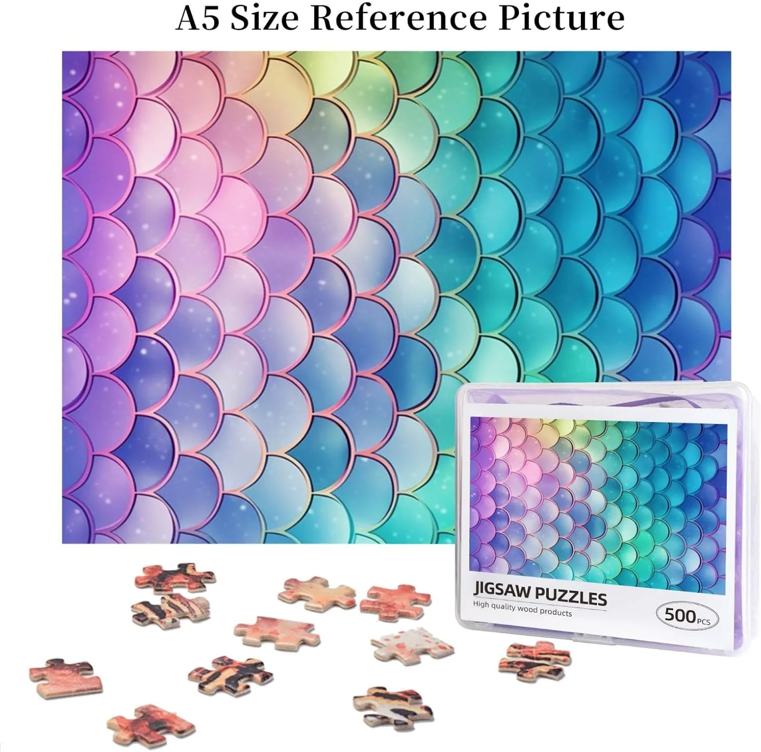 Personalized Wooden Picture Puzzles Custom Puzzle inspect from Pictures Dreamy Gradient Mermaid Scales Puzzles for Adults Family Birthday Valentine's Day Gifts Jigsaw Puzzle from Photos 500 Pieces 