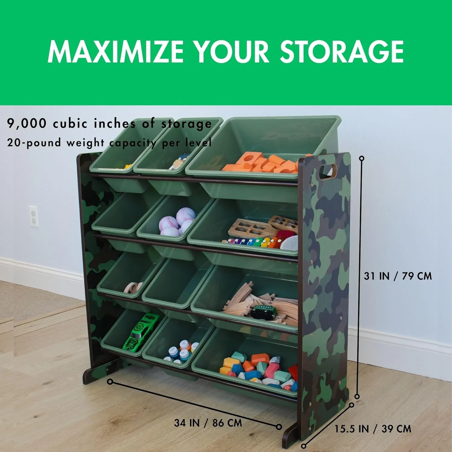 physiologically saltwater with 12 Plastic Storage Bins, Army Green Camo Humble Crew Hunter Toy Storage Organizer 