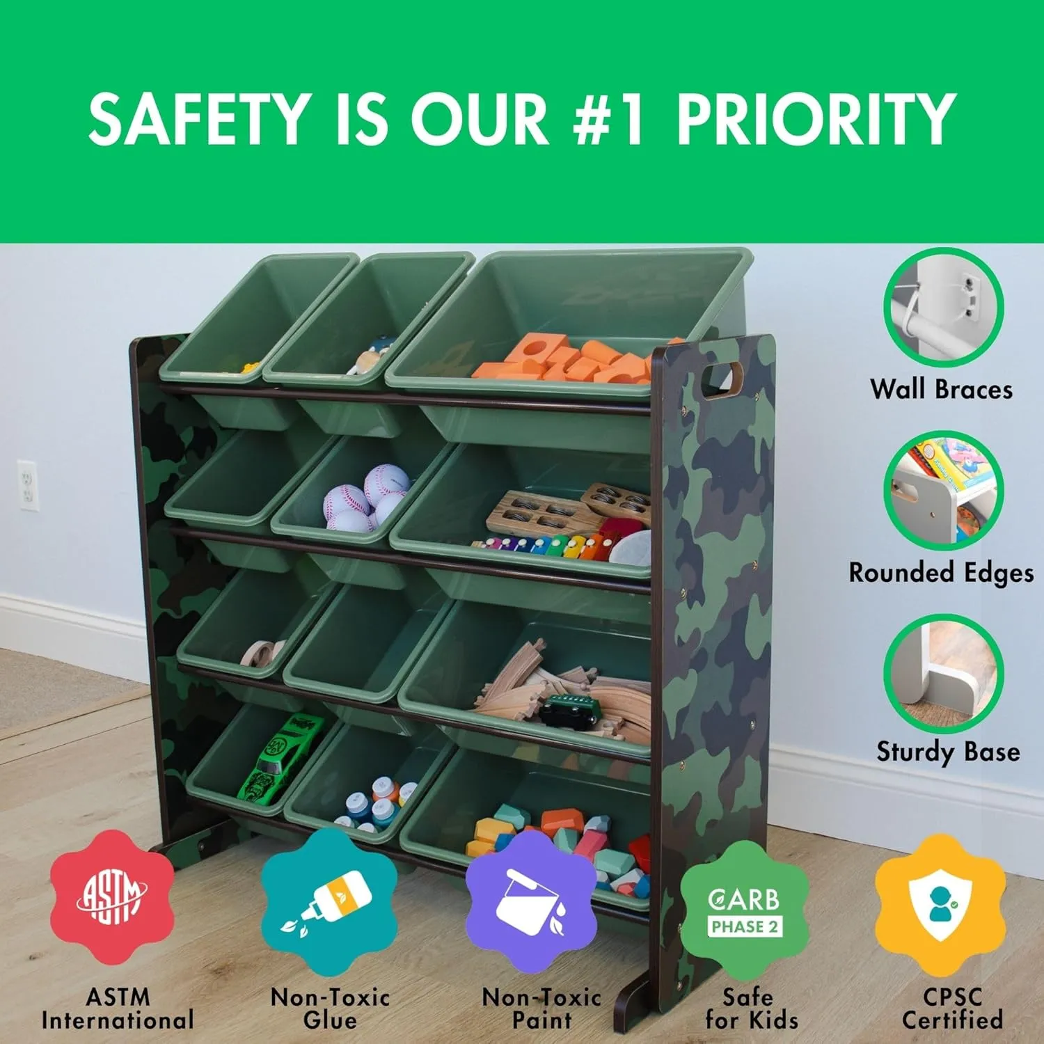 physiologically saltwater with 12 Plastic Storage Bins, Army Green Camo Humble Crew Hunter Toy Storage Organizer 
