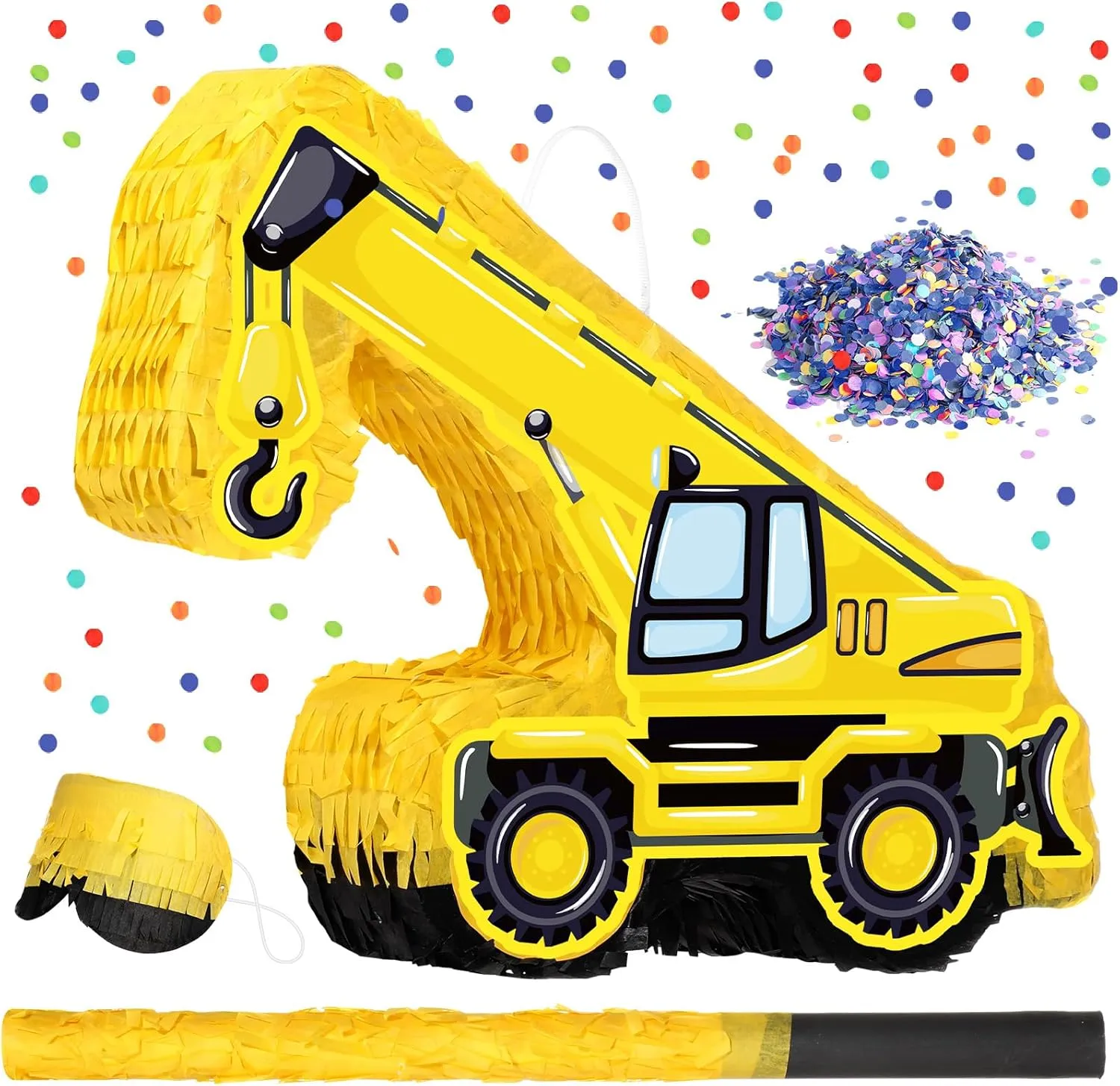 Pi?ata Bundle with Stick Blindfold Confetti Construction Pi?ata Large Birthday Pi?ata for Kids Construction Birthday bone cellulose gloss construct absorption conflict Party Game Decor(Crane) Colarr Construction Truck Pi?ata Excavator 