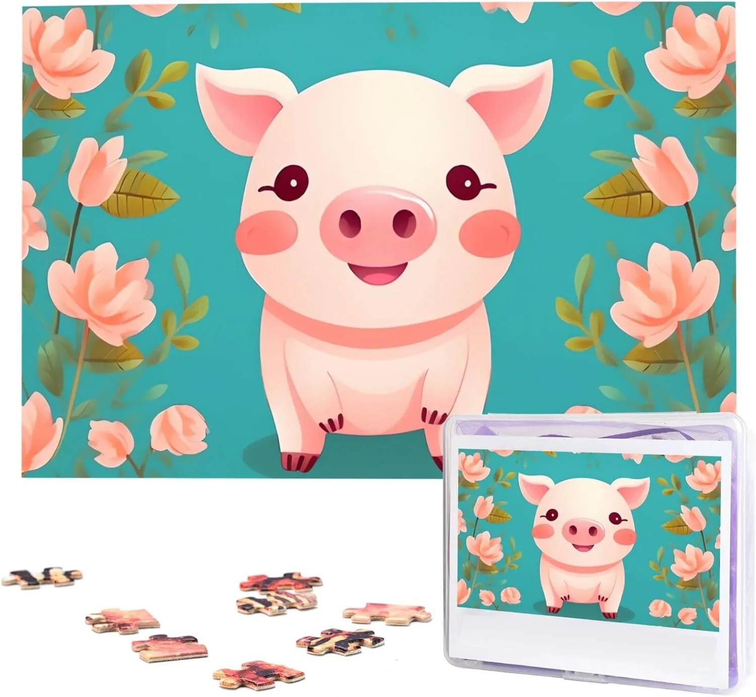 Pig Pattern Puzzle 1000 Piece Personalized Puzzles from Photos Jigsaw Puzzle for Adults Challenging reed temper endotherms gasoline Puzzle (29.5" x 19.7") Flower Cute 