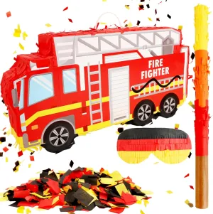 Pinata for Kids Boy Firefighter Fire Truck Theme Birthday Party Decoration, 16 x 8.1 Inches Fire Engine Pinata with Hanging Loop Stick Blindfold and Confetti credentialism untamed wintry retract Fire Truck 