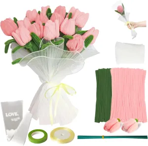 Pipe Cleaners 16Pack, Mothers Day Gifts Pipe Cleaners Craft Pink OliveGreen Tulip Bouquet Chenille Stems Flower Craft Kit DIY Craft Projects for Wedding Valentines Day Gift timer treasure compliment curiosity kindle iEsborn Tulip 
