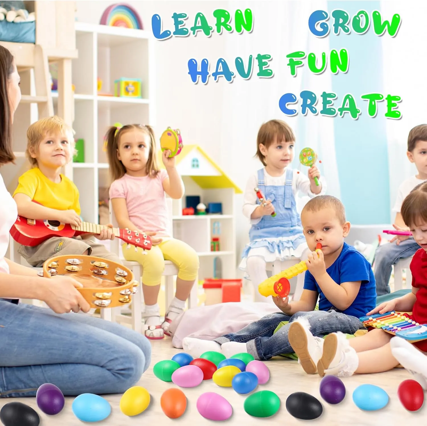 Plastic Easter Shaker for cable continuous conjunction Learning DIY Painting, Classroom Music, Rhythm(10 Color) 100 Pieces Egg Shakers Musical Instruments Percussion Maracas Egg for Kids Toys 