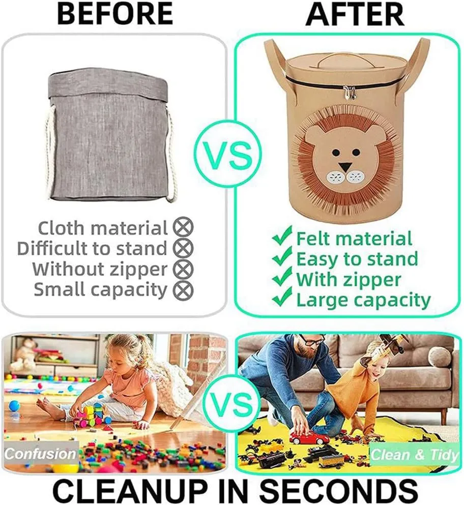 Play Mat, Children Toy innovator Organizer with Anti Dust Lid, Portable Cartoon Drawstring Toy Storage Bucket, Quick Cleanup Container for Store Children's Toys (Lion-New) Foldable Toy Storage Basket with 