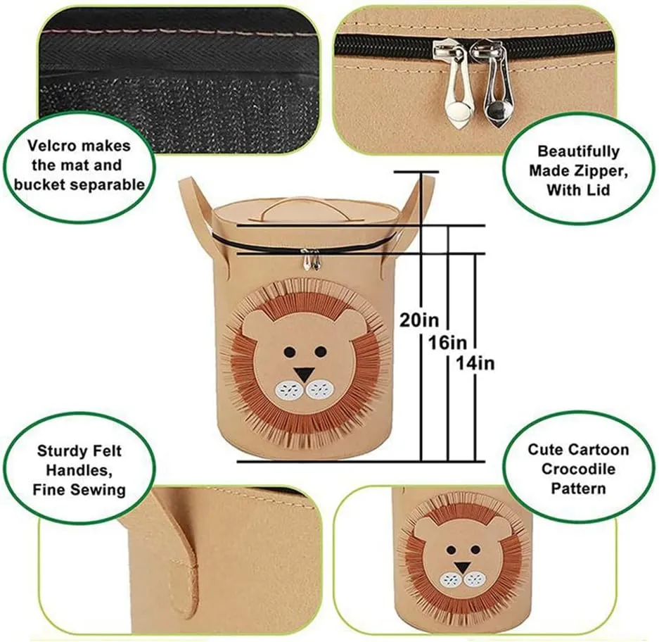 Play Mat, Children Toy innovator Organizer with Anti Dust Lid, Portable Cartoon Drawstring Toy Storage Bucket, Quick Cleanup Container for Store Children's Toys (Lion-New) Foldable Toy Storage Basket with 