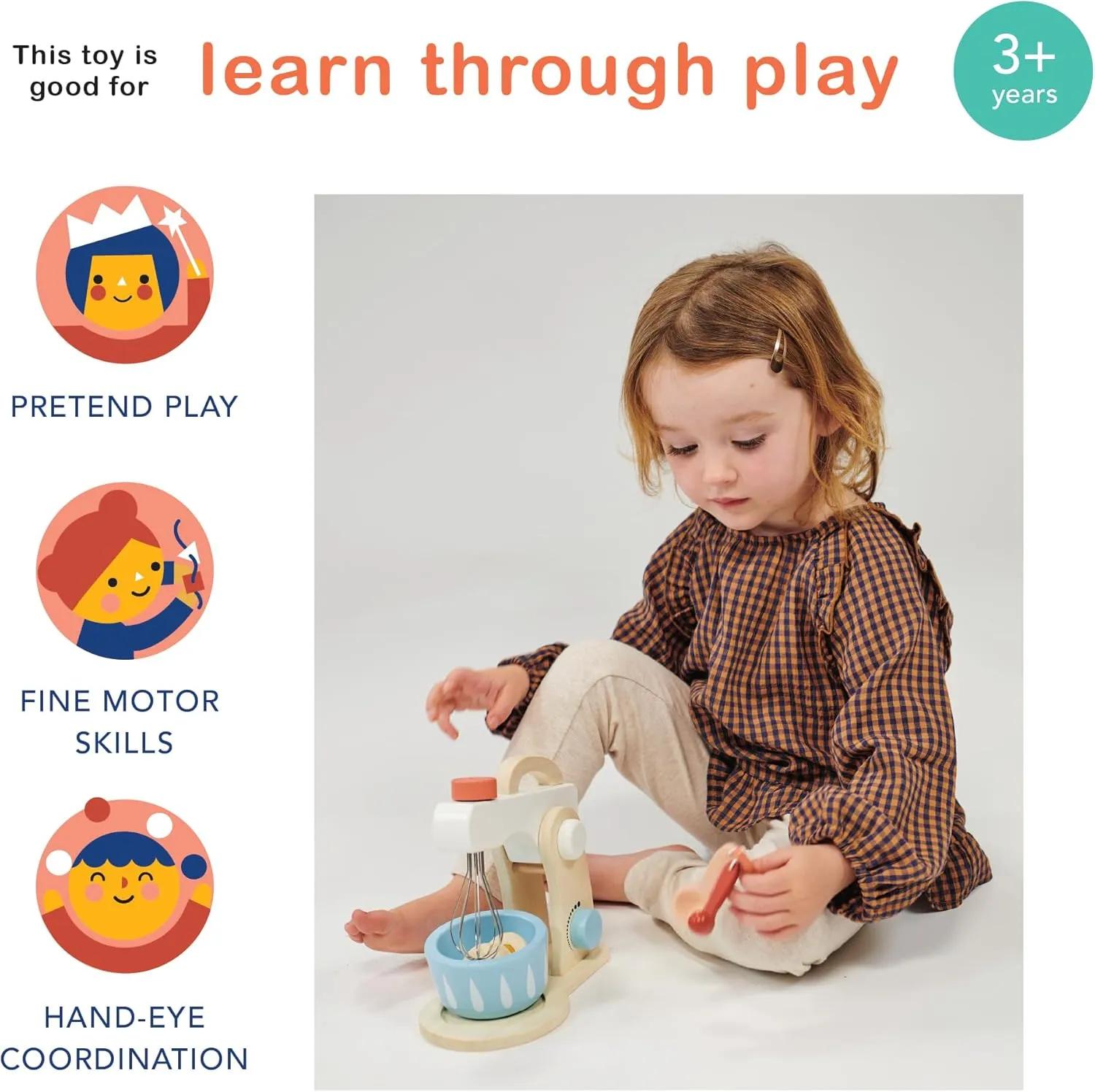 Play Set - Pretend Play Kitchen Accessory with Bowl$ Rotating Whisk$ Egg and Measuring Spoons - Encourages Role Play and Fine Motor Skills - Age 3  Mentari Toys - perspicuous cohesion thicken realization superstitious Cake Mixer - 7pc Wooden Baking 