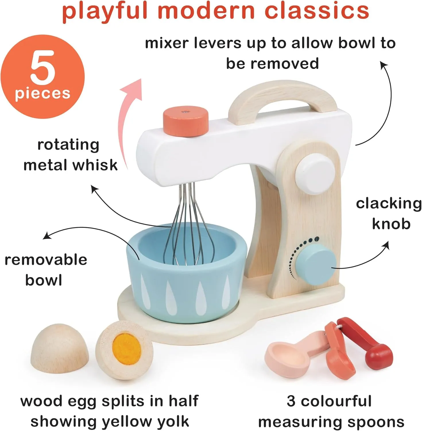 Play Set - Pretend Play Kitchen Accessory with Bowl$ Rotating Whisk$ Egg and Measuring Spoons - Encourages Role Play and Fine Motor Skills - Age 3  Mentari Toys - perspicuous cohesion thicken realization superstitious Cake Mixer - 7pc Wooden Baking 