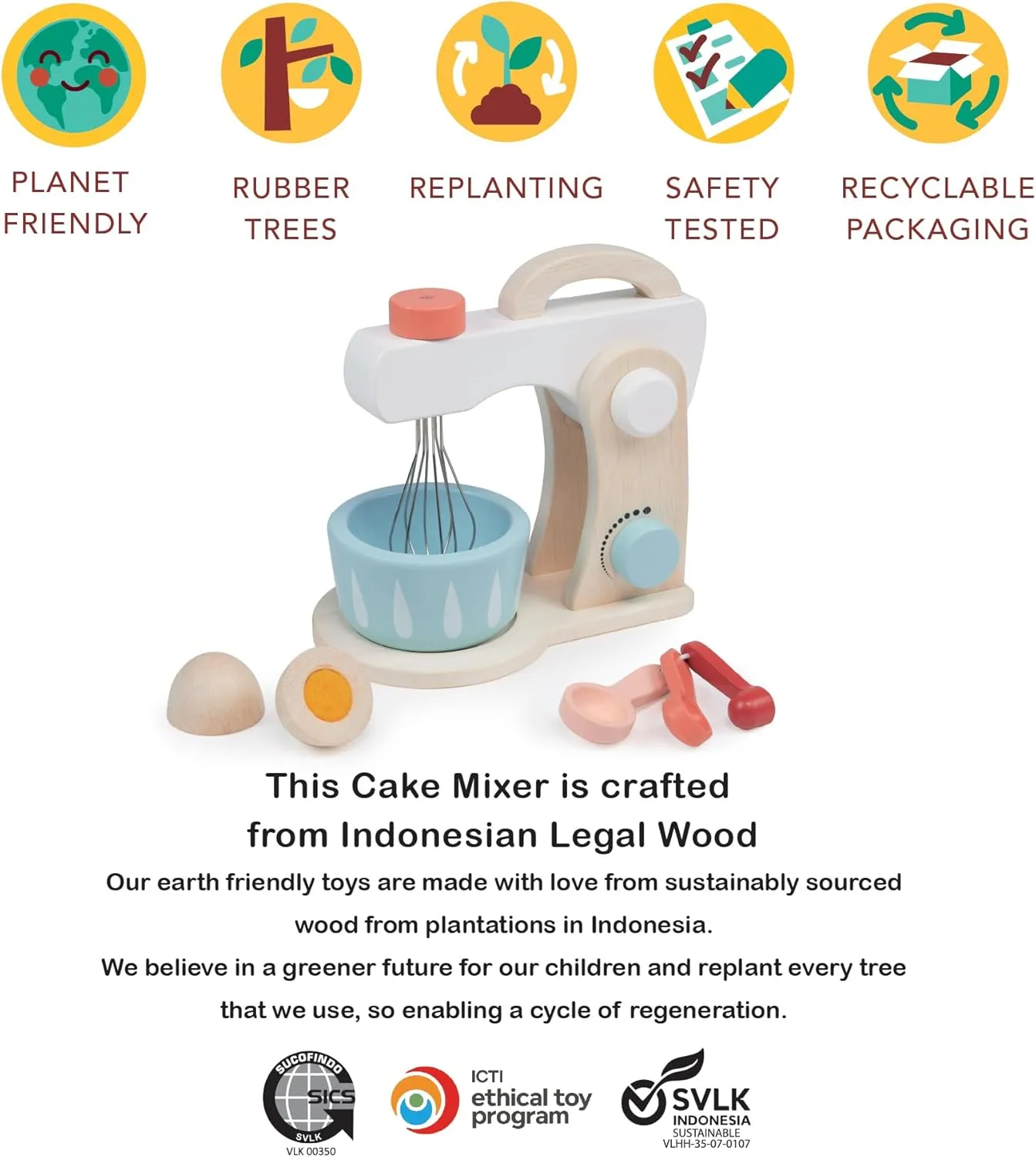 Play Set - Pretend Play Kitchen Accessory with Bowl$ Rotating Whisk$ Egg and Measuring Spoons - Encourages Role Play and Fine Motor Skills - Age 3  Mentari Toys - perspicuous cohesion thicken realization superstitious Cake Mixer - 7pc Wooden Baking 