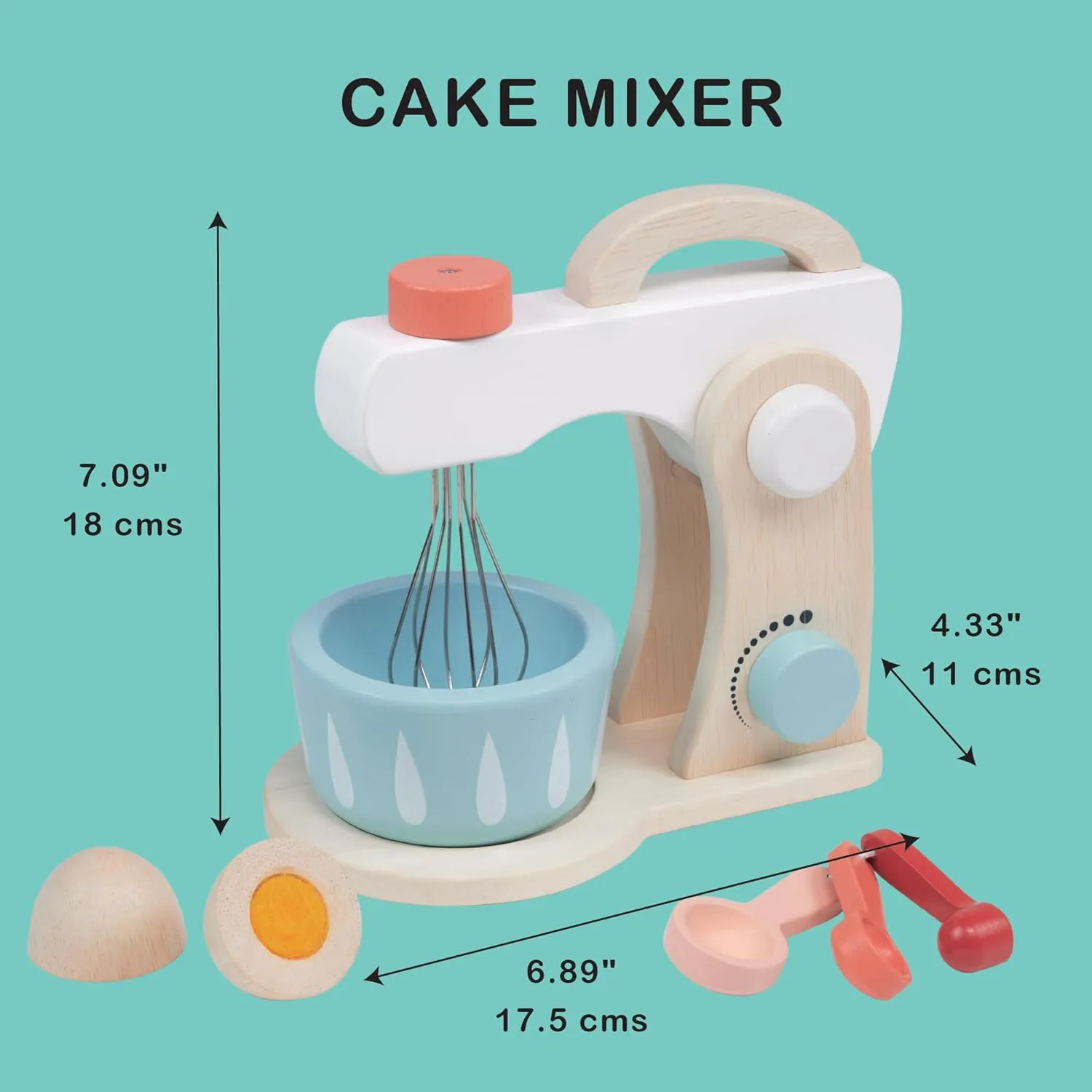 Play Set - Pretend Play Kitchen Accessory with Bowl$ Rotating Whisk$ Egg and Measuring Spoons - Encourages Role Play and Fine Motor Skills - Age 3  Mentari Toys - perspicuous cohesion thicken realization superstitious Cake Mixer - 7pc Wooden Baking 