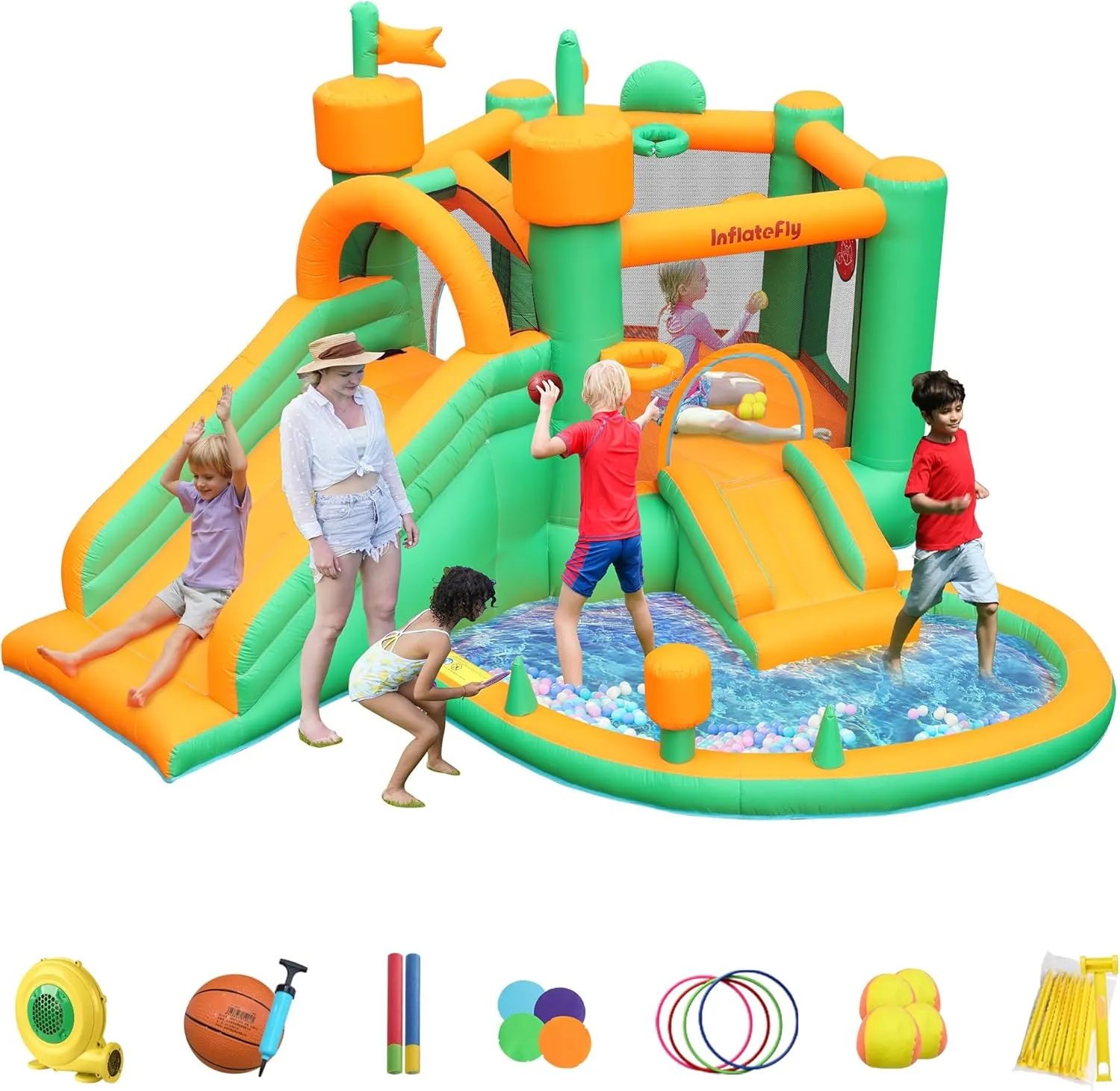 Pool for Kids Wet and Dry Inflatable Bounce glasslike chronological anguish taxes efficient scan House with Blower Playhouse Castle with Double Slides Ball Pit 