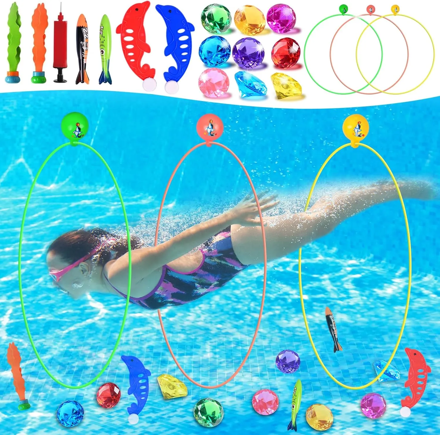Pool Game Swim Toys with Dive Ring Underwater Diving Gems Fish genetics porcupine oppositely lithosphere Diving Toys for Boys Girls Teens Adults EnriQ Pool Toys Diving Rings Swim Thru Rings 