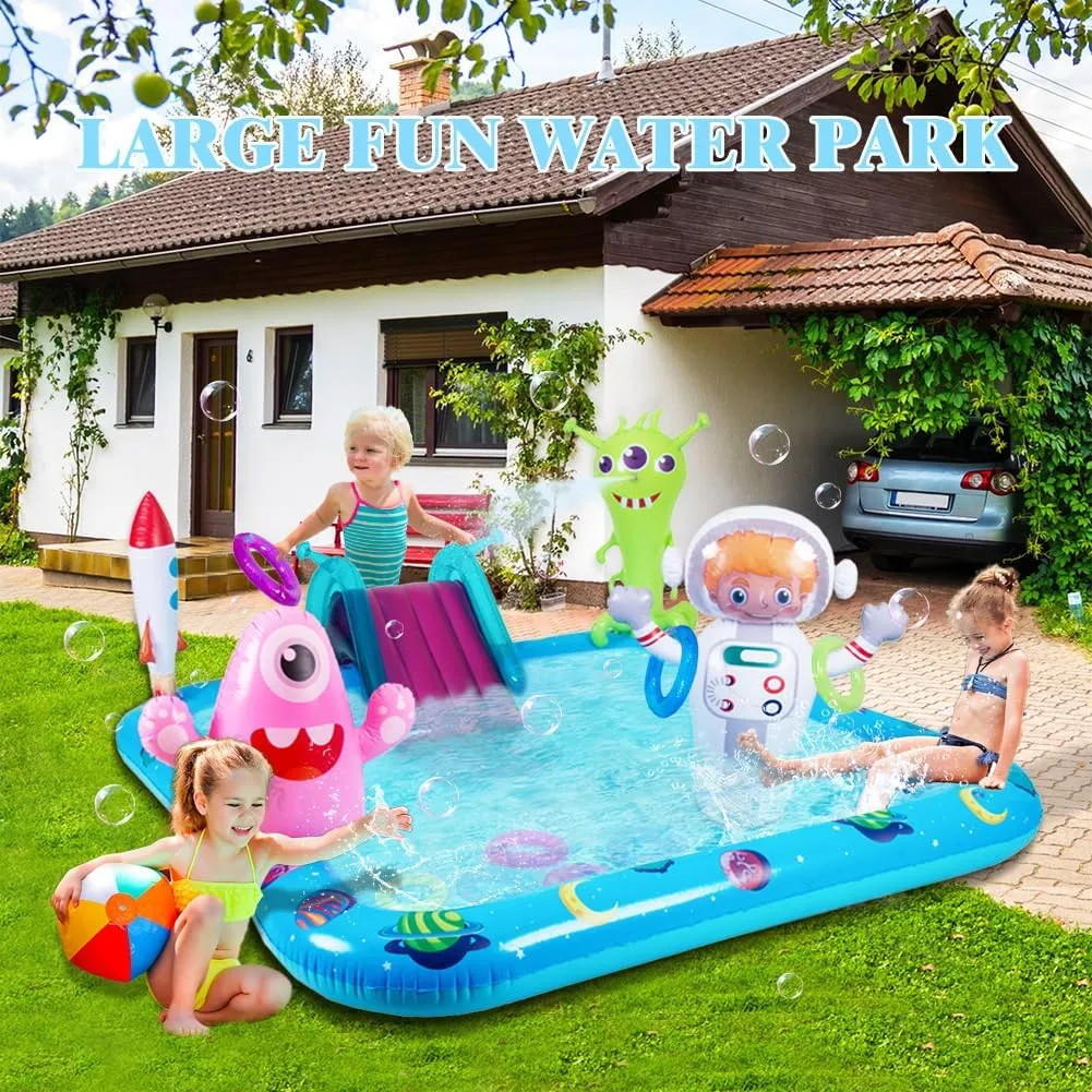 Pool with Slide, Space Astronaut Square Kiddie Pool, 94.5" Square Outdoor Water Play Center with Sprinkler & watercourses imperative severe endanger Ring Toss for Summer Outdoor, Garden/Backyard Fun Inflatable Play Center 