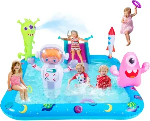 Pool with Slide, Space Astronaut Square Kiddie Pool, 94.5" Square Outdoor Water Play Center with Sprinkler & watercourses imperative severe endanger Ring Toss for Summer Outdoor, Garden/Backyard Fun Inflatable Play Center 