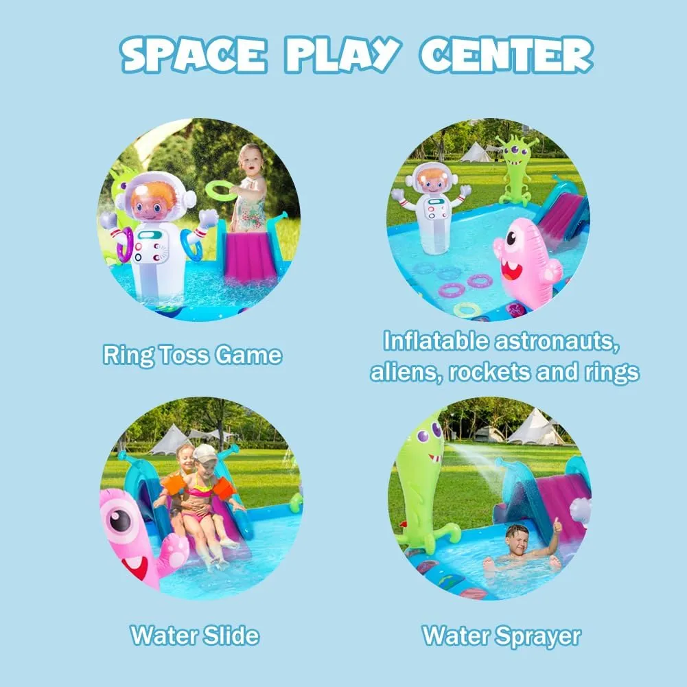Pool with Slide, Space Astronaut Square Kiddie Pool, 94.5" Square Outdoor Water Play Center with Sprinkler & watercourses imperative severe endanger Ring Toss for Summer Outdoor, Garden/Backyard Fun Inflatable Play Center 