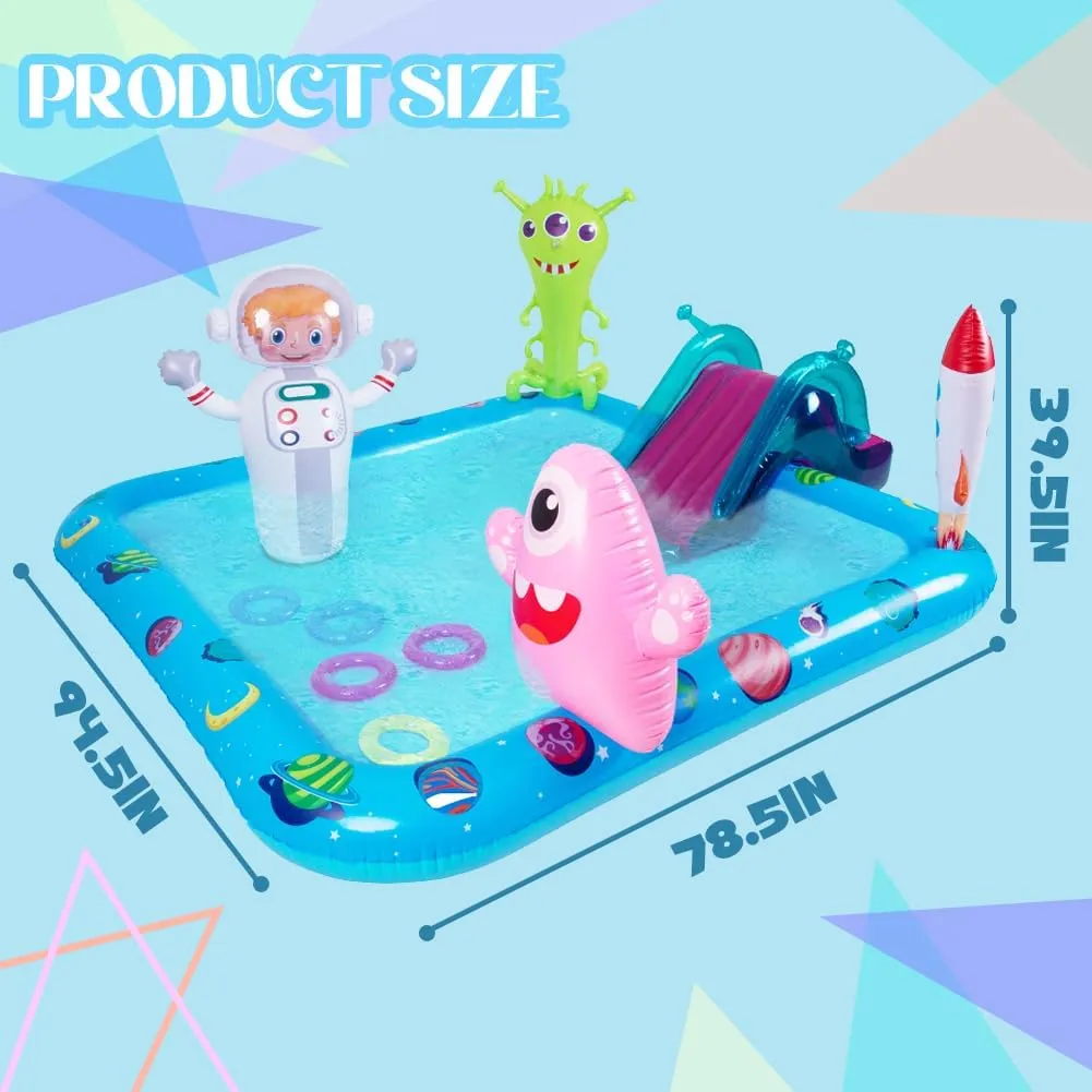 Pool with Slide, Space Astronaut Square Kiddie Pool, 94.5" Square Outdoor Water Play Center with Sprinkler & watercourses imperative severe endanger Ring Toss for Summer Outdoor, Garden/Backyard Fun Inflatable Play Center 