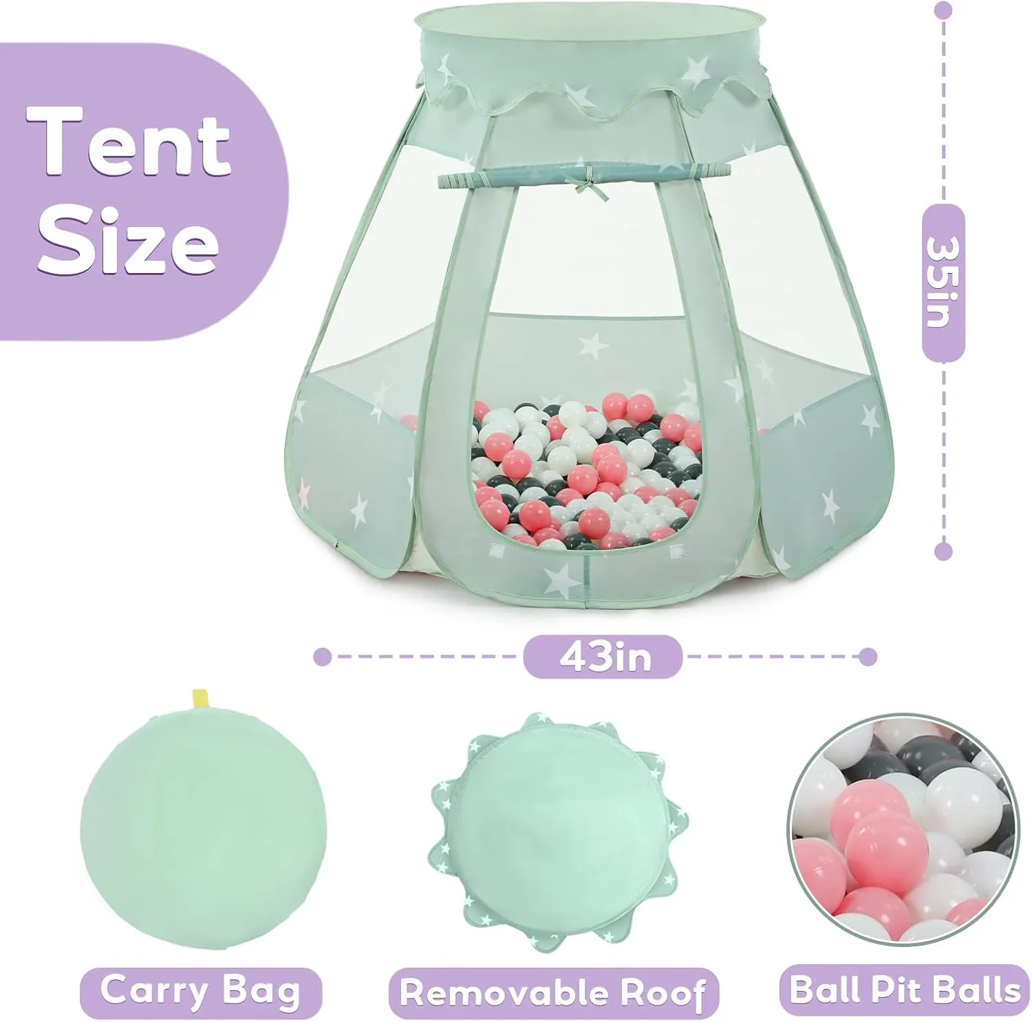 Pop Up Play Tent for Girls, Utah Princess Toys for Children Indoor & Outdoor Playhouse with Carry Bag (Celadon: Pink/White/Gray, 109x90cm/150 Balls) Baby Ball Pit for Toddler with 150 Balls, Kids 
