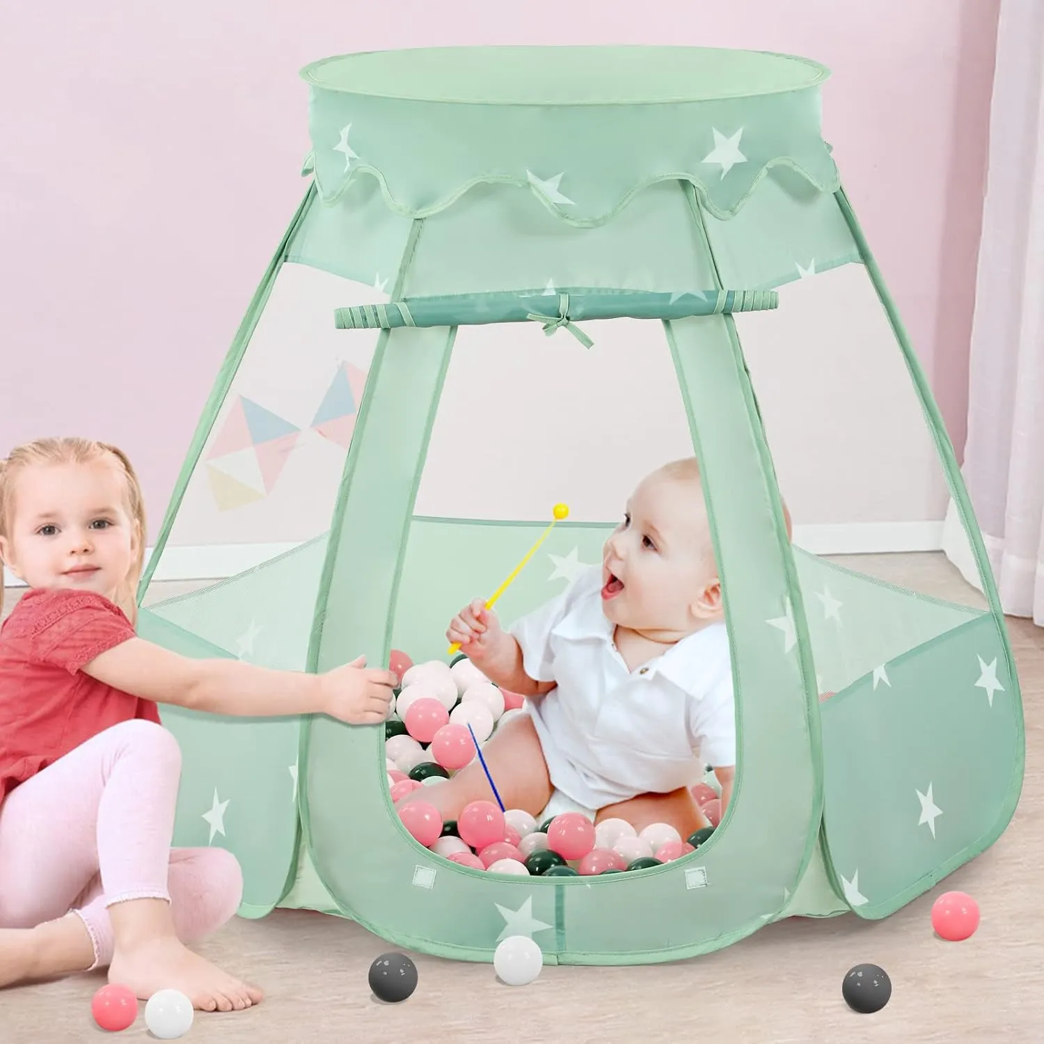 Pop Up Play Tent for Girls, Utah Princess Toys for Children Indoor & Outdoor Playhouse with Carry Bag (Celadon: Pink/White/Gray, 109x90cm/150 Balls) Baby Ball Pit for Toddler with 150 Balls, Kids 