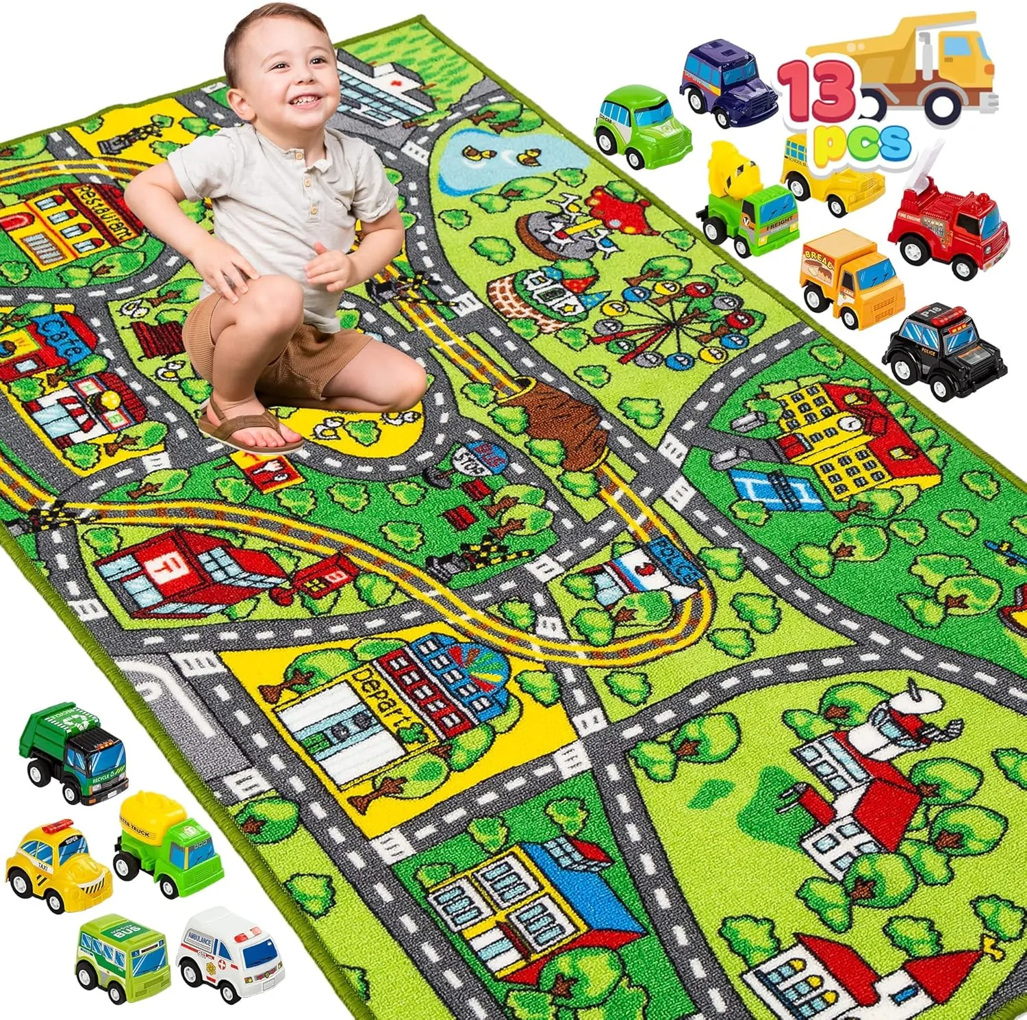 prosperity for Kids Age 3 $ Jumbo Play Room Rug$ City Pretend Play Multiple Color JOYIN Carpet Playmat w/ 12 Cars Pull-Back Vehicle Set 