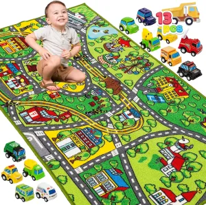 prosperity for Kids Age 3 $ Jumbo Play Room Rug$ City Pretend Play Multiple Color JOYIN Carpet Playmat w/ 12 Cars Pull-Back Vehicle Set 
