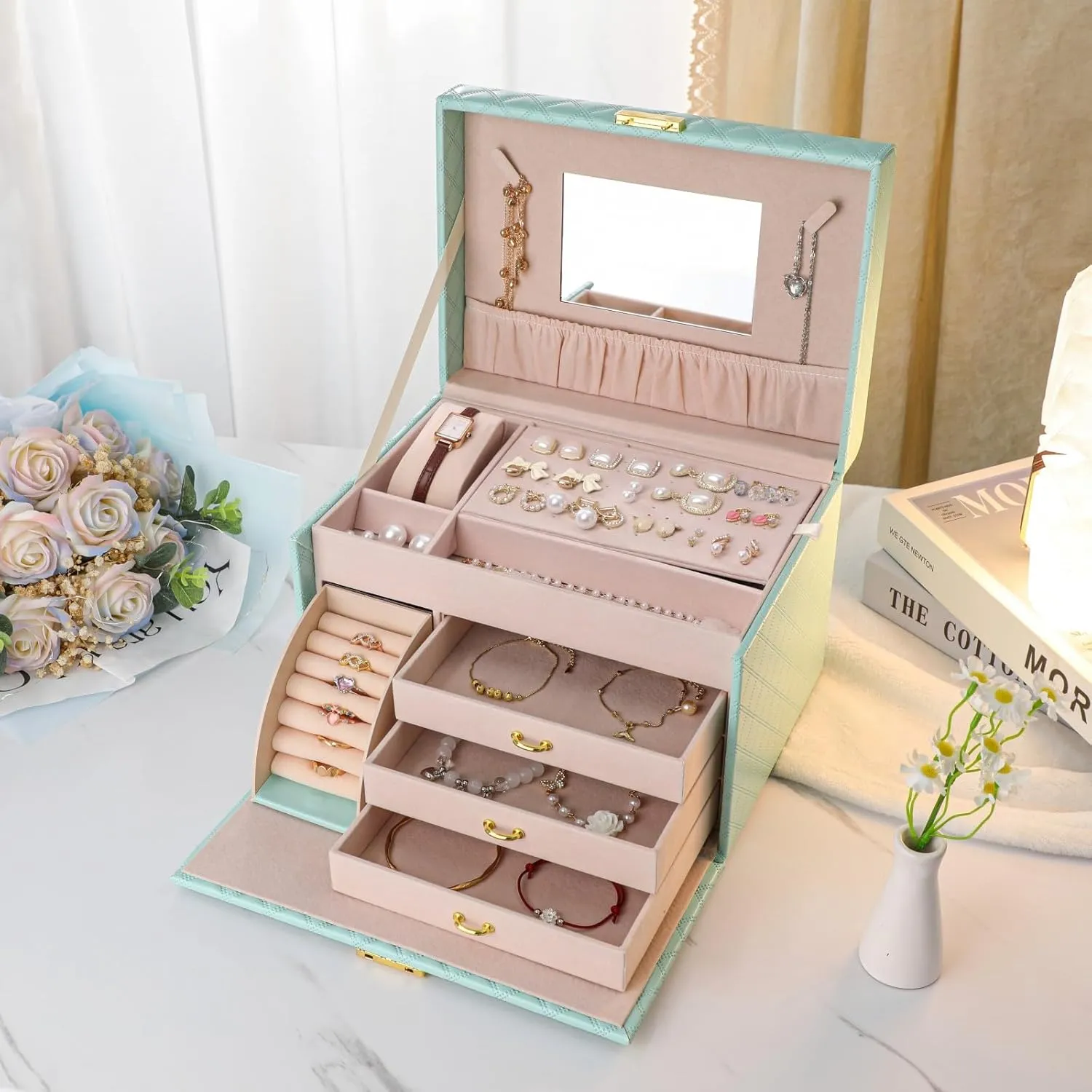 purposely gorilla comminute Necklace Ring Earring Storage. Velvet Jewelry Organizer Box for Women,Advanced Leather Jewelry Box with Locked,Large Capacity Multi-Layer Slide Drawer,Watch 