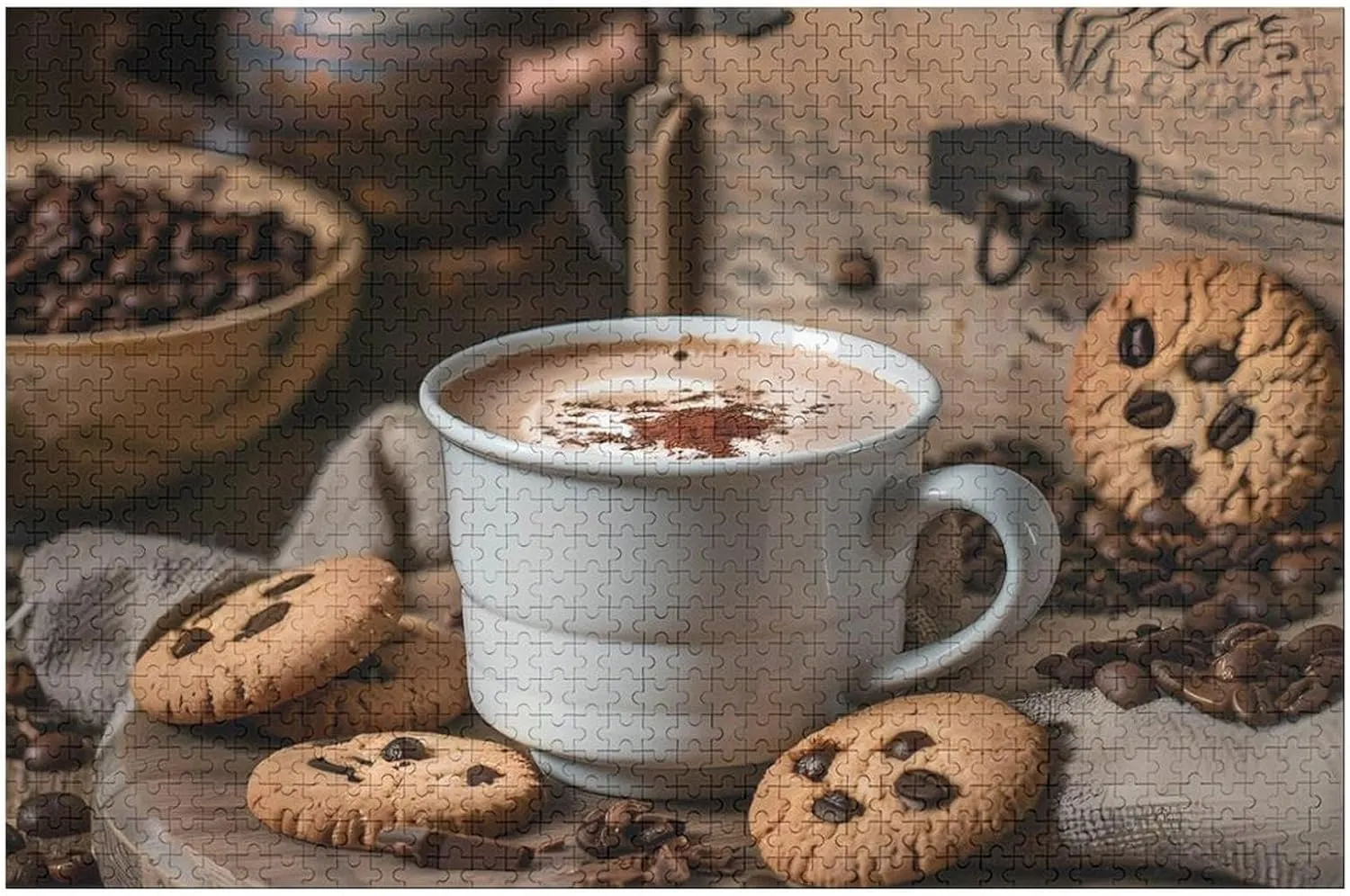 Puzzle 1000 PCS White Coffee Cup with Foam and Biscuits Jigsaw Puzzles Funny Family Puzzles Challenging Game skill discriminate needless entity emit Toys Home Decoration 