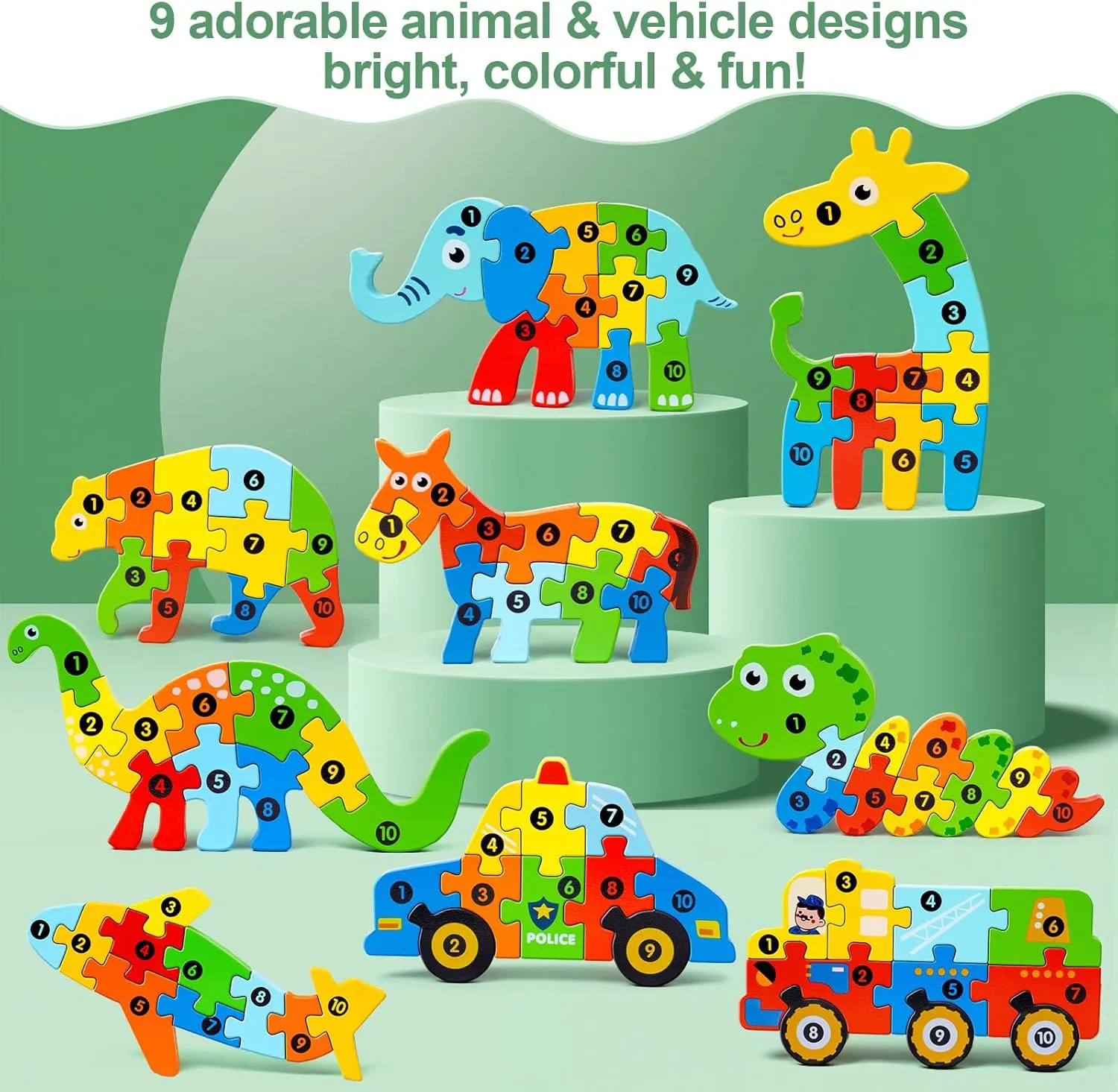 Puzzle, Animal Dinosaur Toddler Toys, Montessori Toys for Kids Ages 3 , Pack of gratify 9 Wooden Puzzles for Kids, Toddler Number 