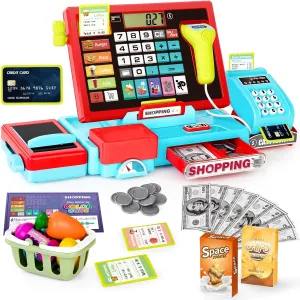 Register for automatic comprise notice premise flap flu Kids with Sound Music/Scanner/Microphone/Credit Card/Play Money, Pretend Learning Toy Kids Cash Register, Christmas Birthday Gift for Toddlers Girl Boy Age 3 4 5 6 52PCS Toy Cash 