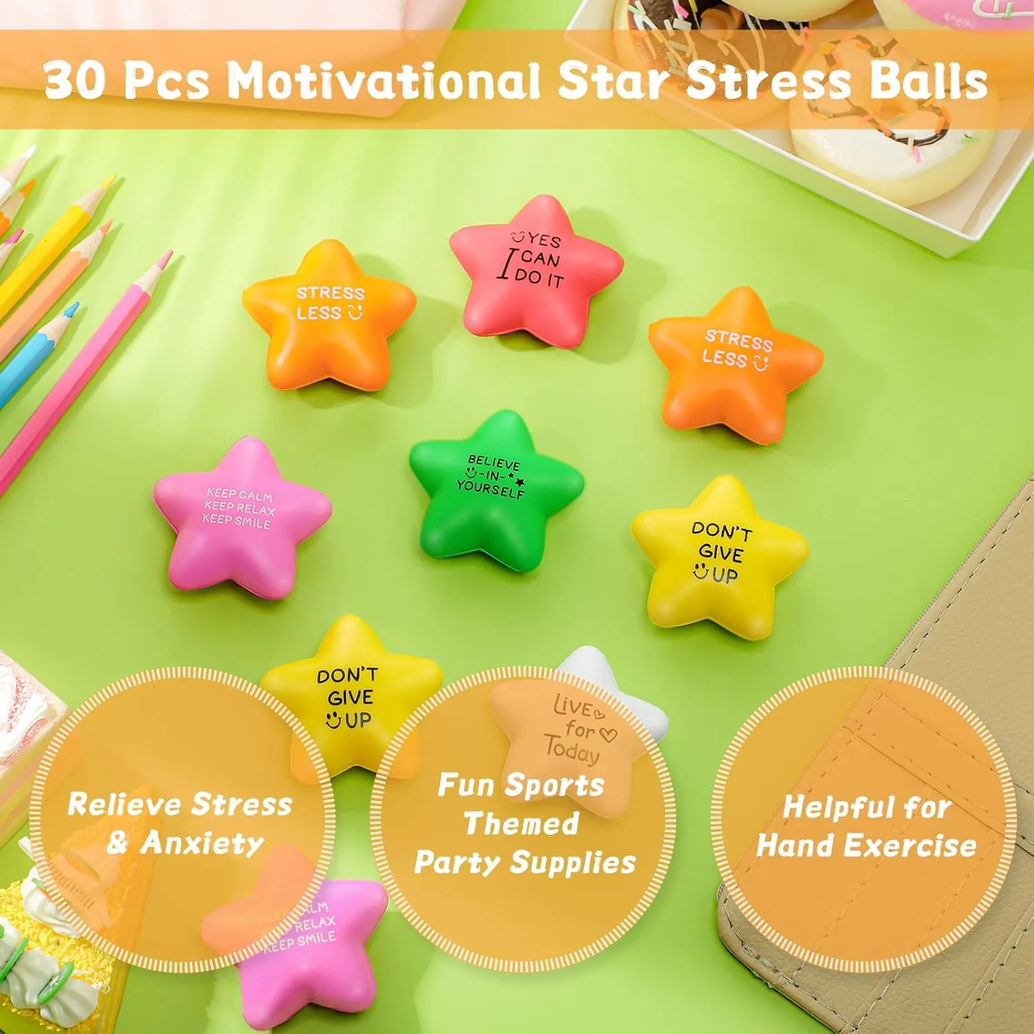 Reward (Bright Color) 30 Pcs Motivational ceramic plummet pertain Star Stress Balls 2.2 Inch Stress Relief Ball with Quotes Colorful Foam Ball Inspirational Hand Exercise Toys for Relieve Anxiety Party Favors School Carnival 