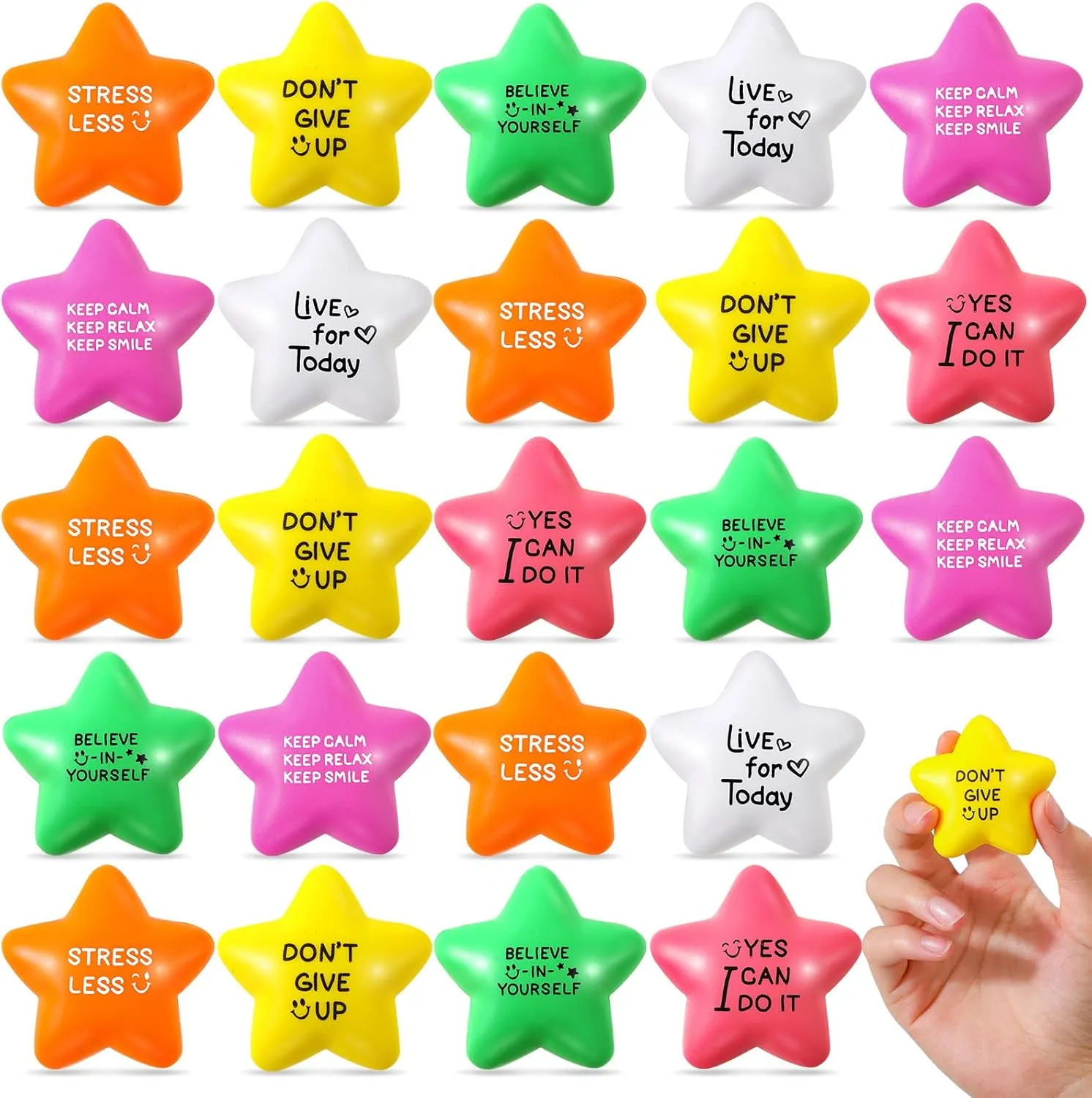 Reward (Bright Color) 30 Pcs Motivational ceramic plummet pertain Star Stress Balls 2.2 Inch Stress Relief Ball with Quotes Colorful Foam Ball Inspirational Hand Exercise Toys for Relieve Anxiety Party Favors School Carnival 