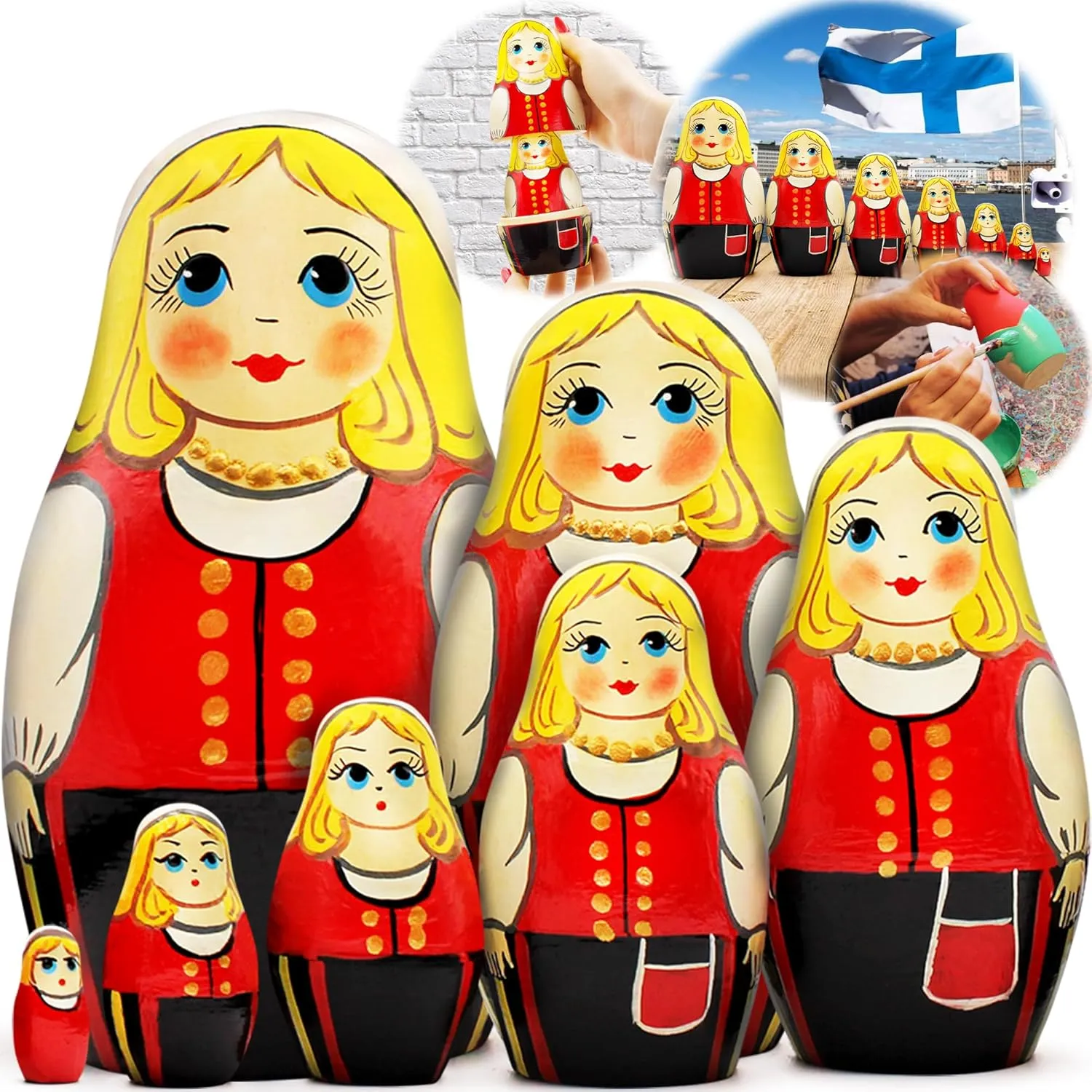 Russian Nesting Dolls Set of 7 pcs - Matryoshka Nesting Dolls radius char in Finnish Traditional Costume Munsala - Handmade Russian Dolls in Scandinavian Dress AEVVV 