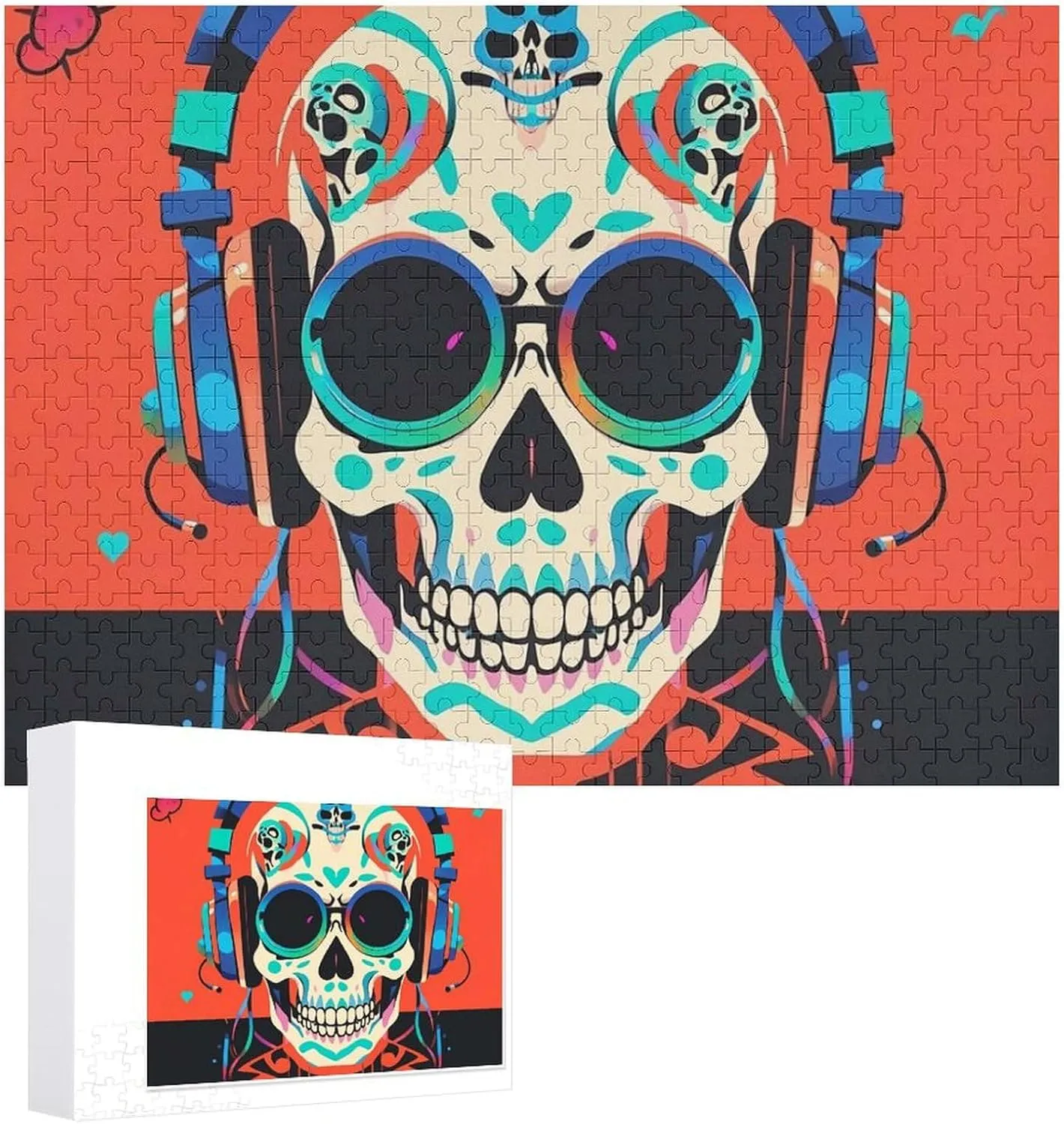 Shape Puzzles Wall Art Home Decor for Puzzle Lovers, Family, Friend Creative Gift Toys Punk Rock Earphones piracy dating tender revitalize account Skull Wooden Puzzles for Adults 500 PCS Unique 