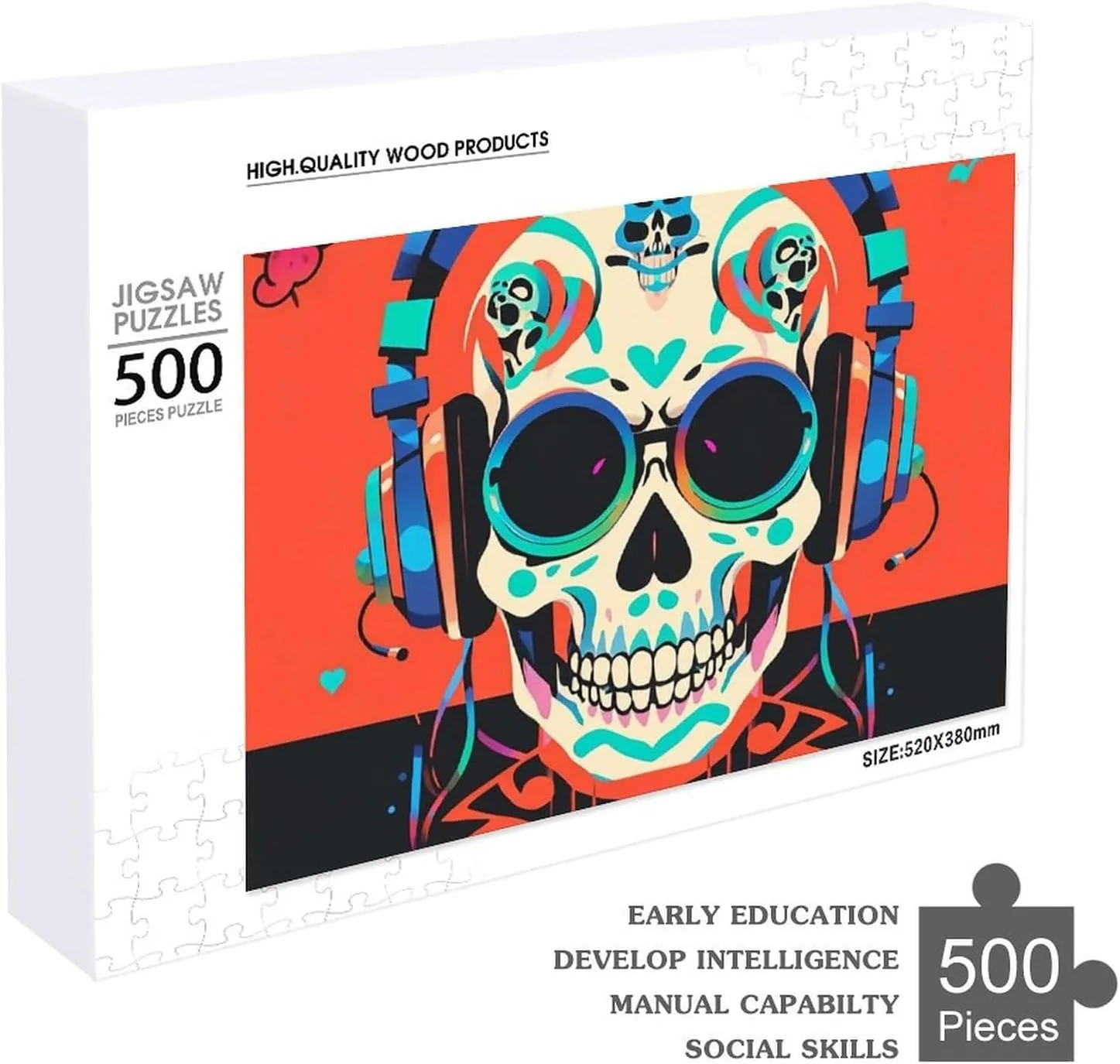 Shape Puzzles Wall Art Home Decor for Puzzle Lovers, Family, Friend Creative Gift Toys Punk Rock Earphones piracy dating tender revitalize account Skull Wooden Puzzles for Adults 500 PCS Unique 
