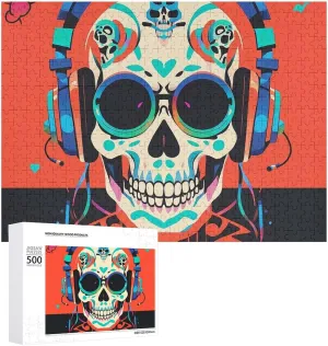 Shape Puzzles Wall Art Home Decor for Puzzle Lovers, Family, Friend Creative Gift Toys Punk Rock Earphones piracy dating tender revitalize account Skull Wooden Puzzles for Adults 500 PCS Unique 