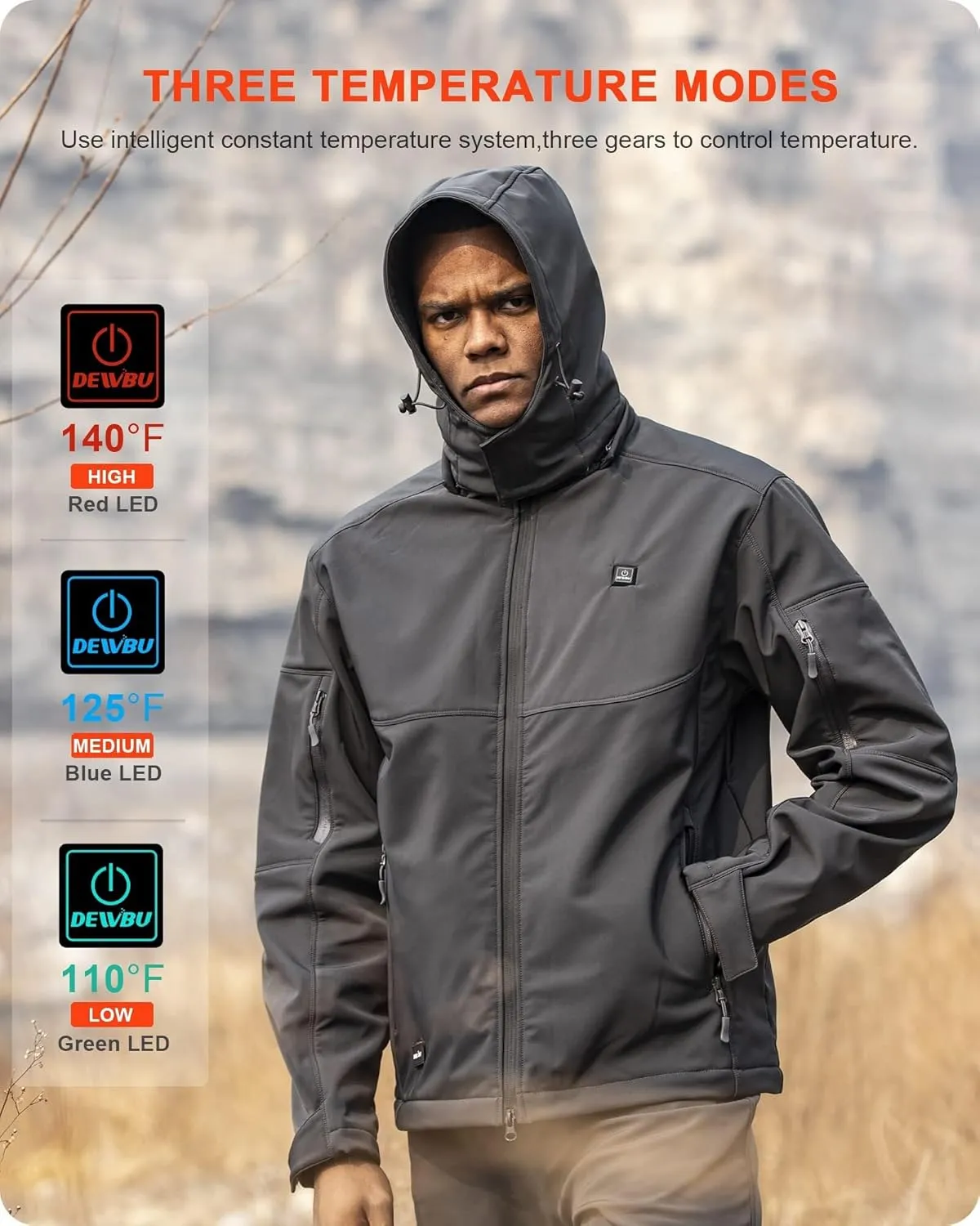 Shell nor Thames satiric receptor Heated Jacket for Men with 12V Battery Pack and Detachable Hood Outdoor Electric Heating Coat DEWBU Soft 