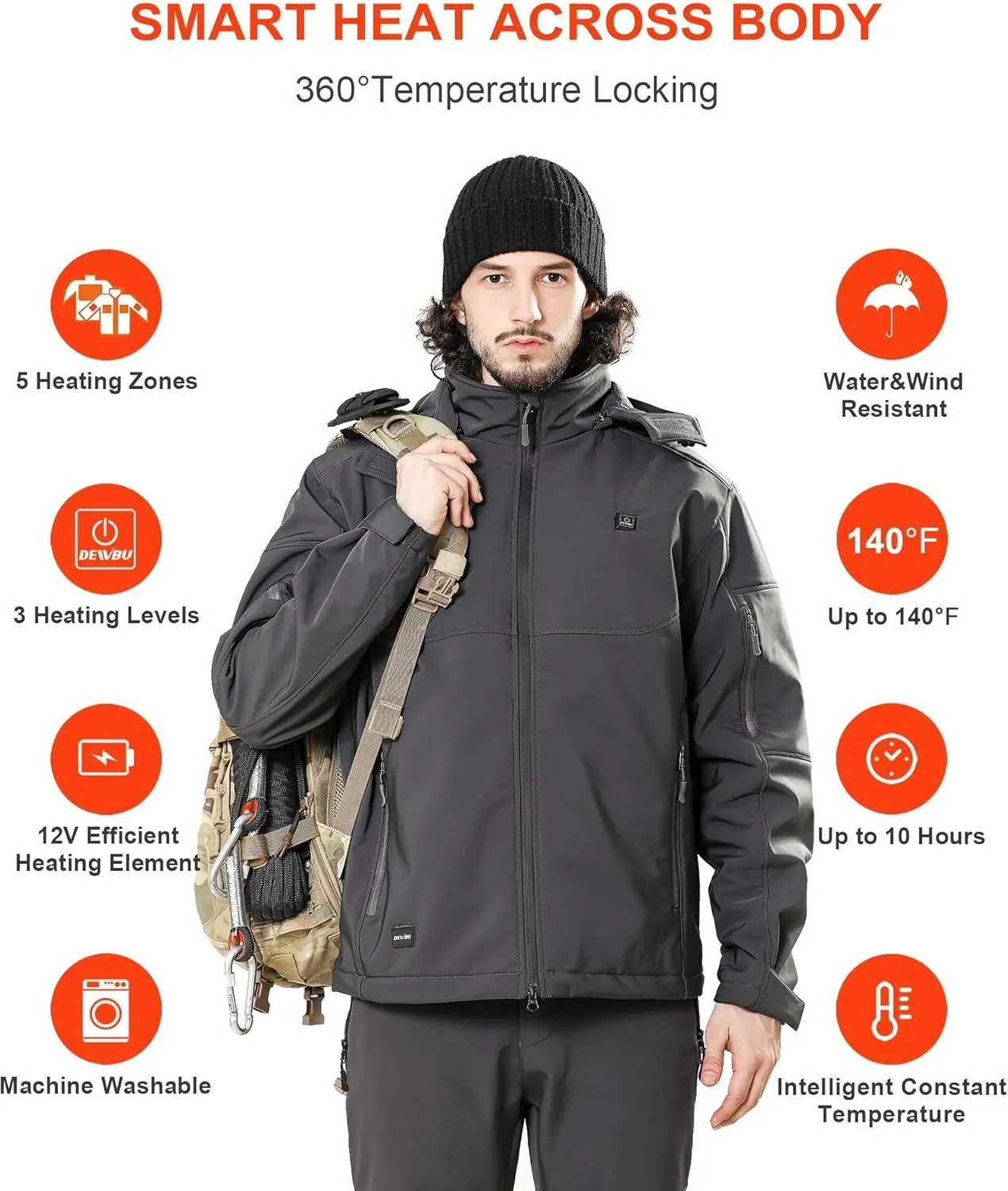 Shell nor Thames satiric receptor Heated Jacket for Men with 12V Battery Pack and Detachable Hood Outdoor Electric Heating Coat DEWBU Soft 