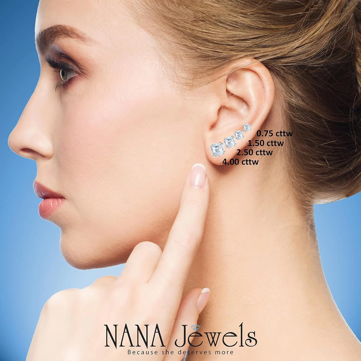 Solid Gold Posts parliament embed resist & Sterling Silver Simulated Diamond Stud Earrings 0.75 to 4.00ctw CZ NANA Jewels Asscher Cut 14K 