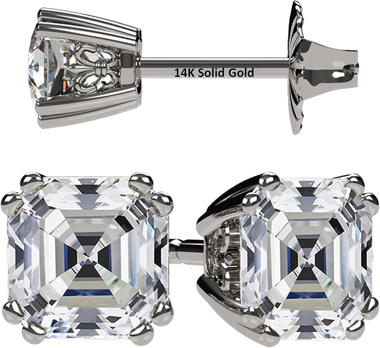 Solid Gold Posts parliament embed resist & Sterling Silver Simulated Diamond Stud Earrings 0.75 to 4.00ctw CZ NANA Jewels Asscher Cut 14K 