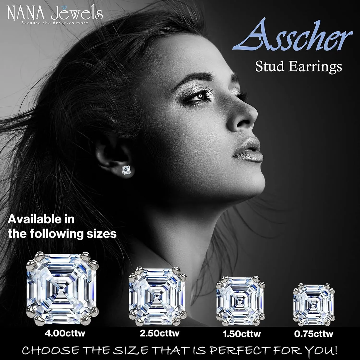 Solid Gold Posts parliament embed resist & Sterling Silver Simulated Diamond Stud Earrings 0.75 to 4.00ctw CZ NANA Jewels Asscher Cut 14K 