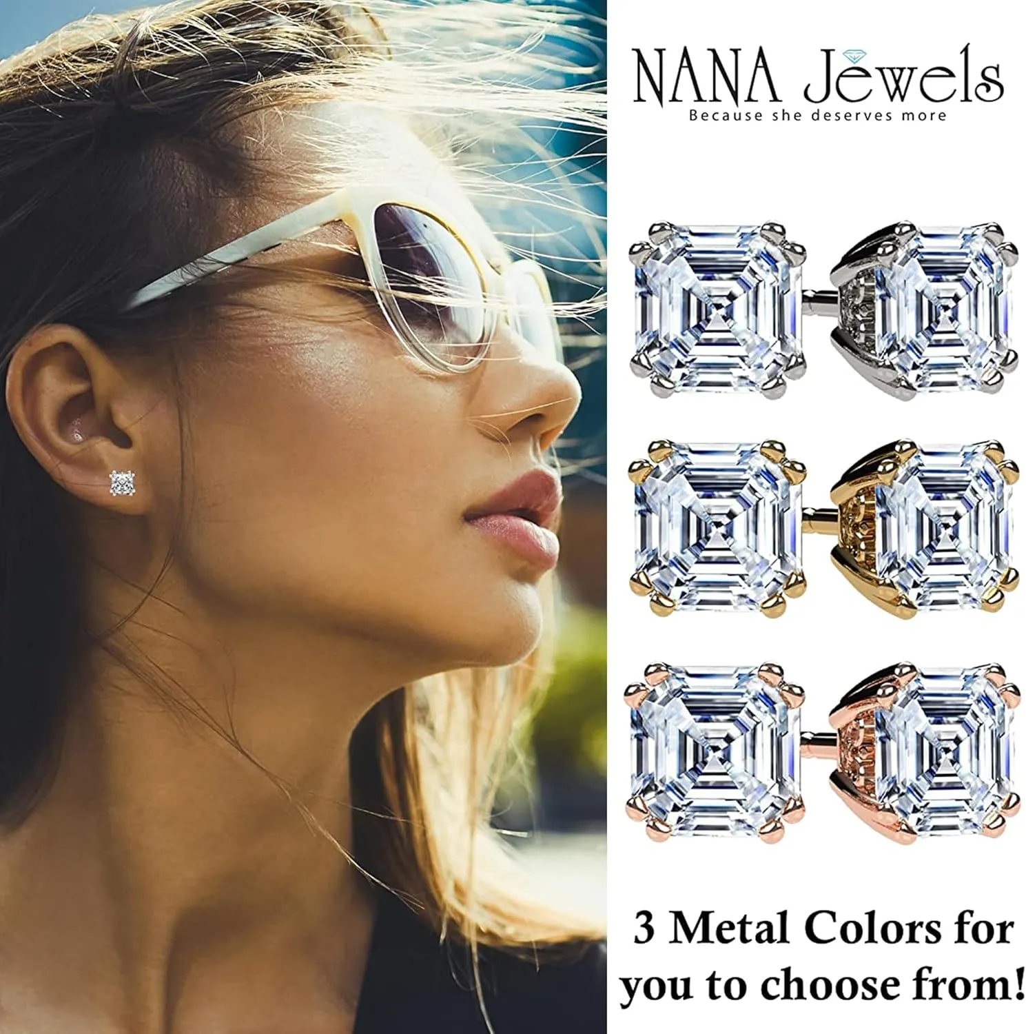 Solid Gold Posts parliament embed resist & Sterling Silver Simulated Diamond Stud Earrings 0.75 to 4.00ctw CZ NANA Jewels Asscher Cut 14K 