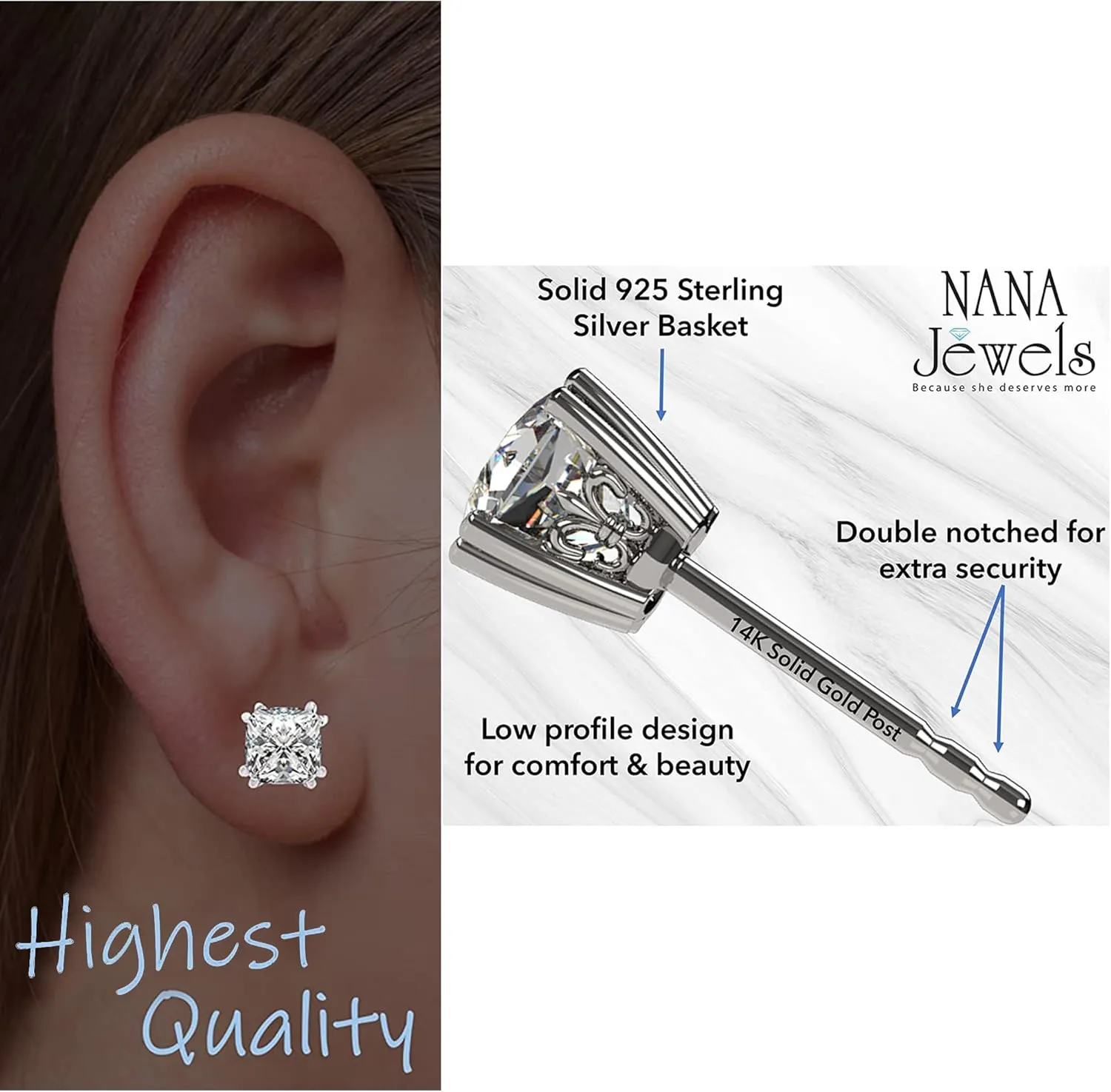 Solid Gold Posts parliament embed resist & Sterling Silver Simulated Diamond Stud Earrings 0.75 to 4.00ctw CZ NANA Jewels Asscher Cut 14K 