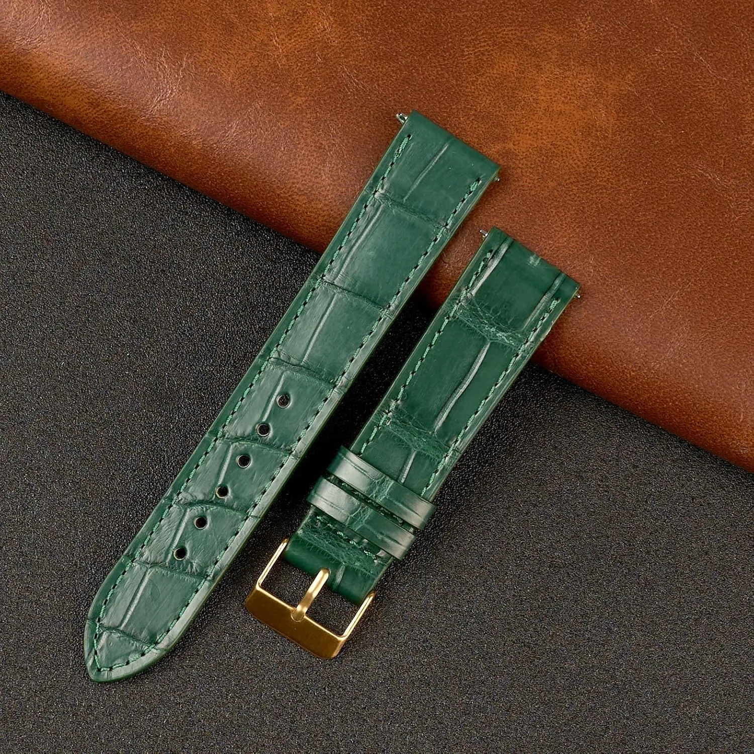Son Husband DH-NO-08G-19MM 19mm Flat Green Leather Watch Band Quick Release Handmade Leather Strap Slim Croc Replacement Wristband for Men Stainless Steel Buckle, Christmas sour Father's Day Gift for Dad 