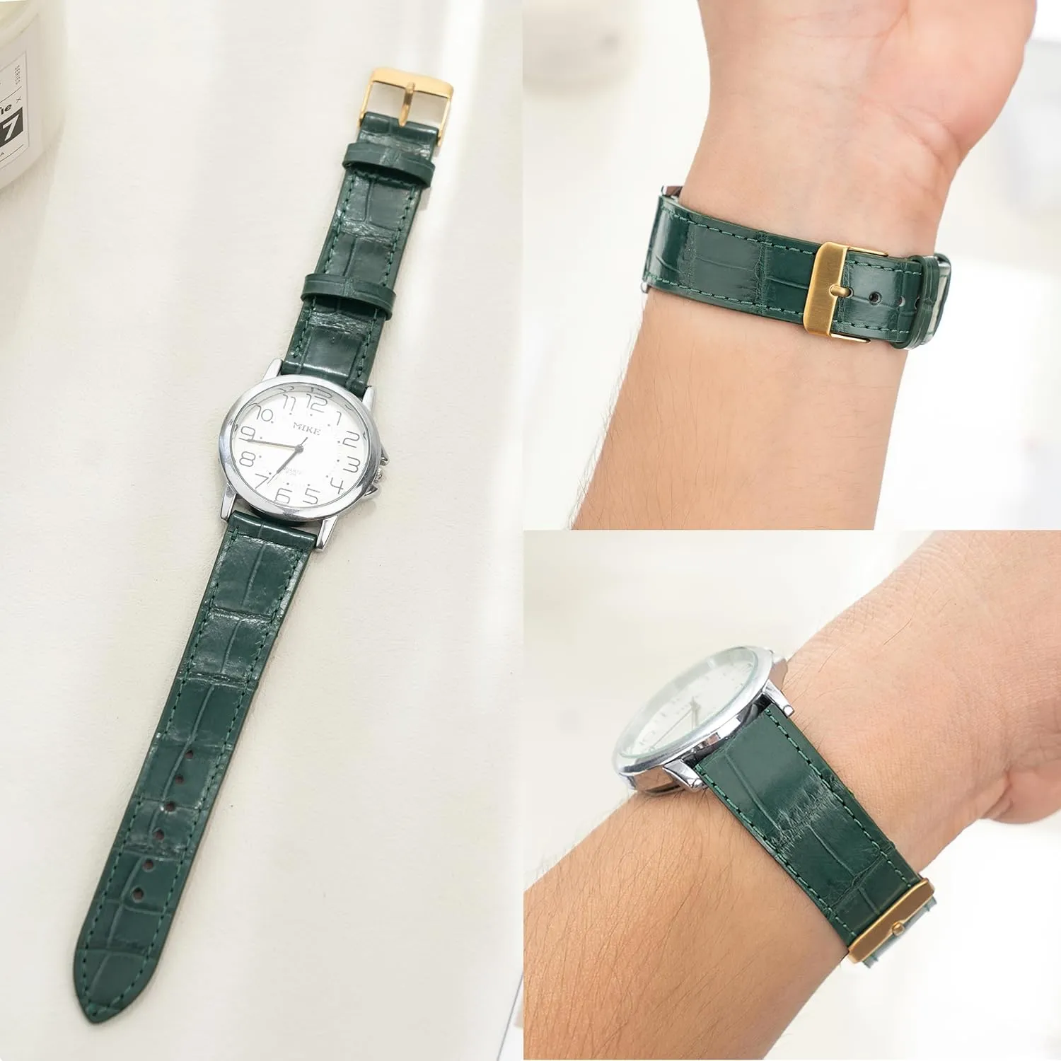 Son Husband DH-NO-08G-19MM 19mm Flat Green Leather Watch Band Quick Release Handmade Leather Strap Slim Croc Replacement Wristband for Men Stainless Steel Buckle, Christmas sour Father's Day Gift for Dad 