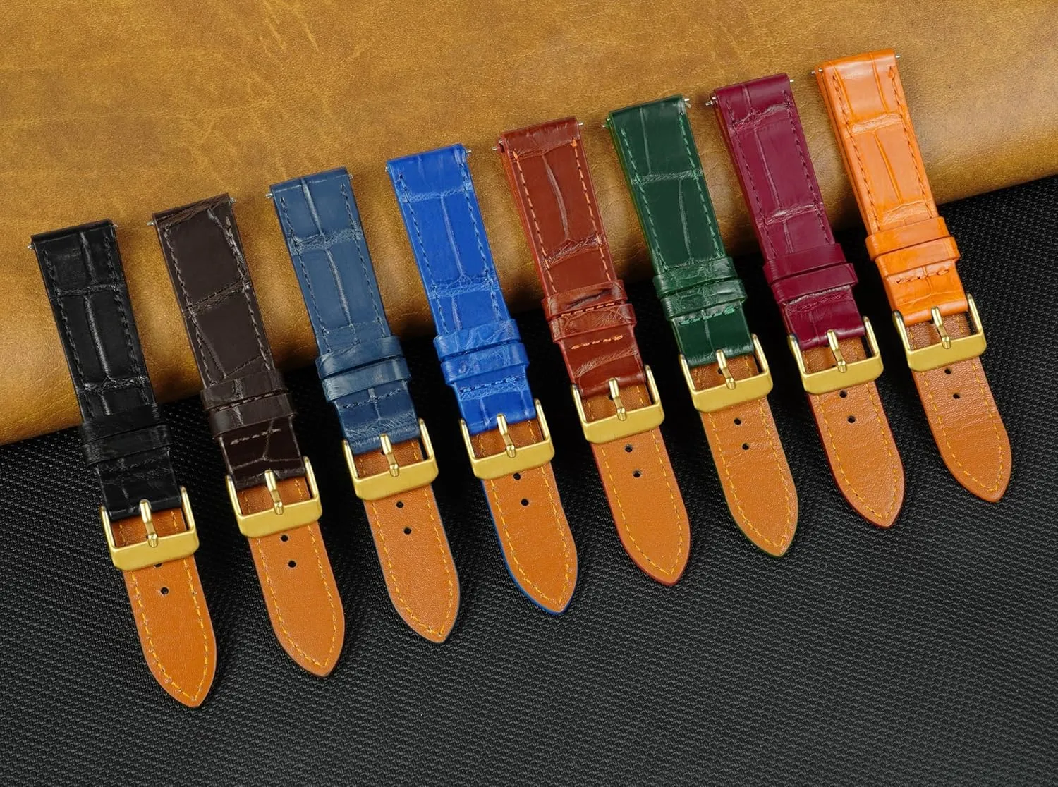 Son Husband DH-NO-08G-19MM 19mm Flat Green Leather Watch Band Quick Release Handmade Leather Strap Slim Croc Replacement Wristband for Men Stainless Steel Buckle, Christmas sour Father's Day Gift for Dad 