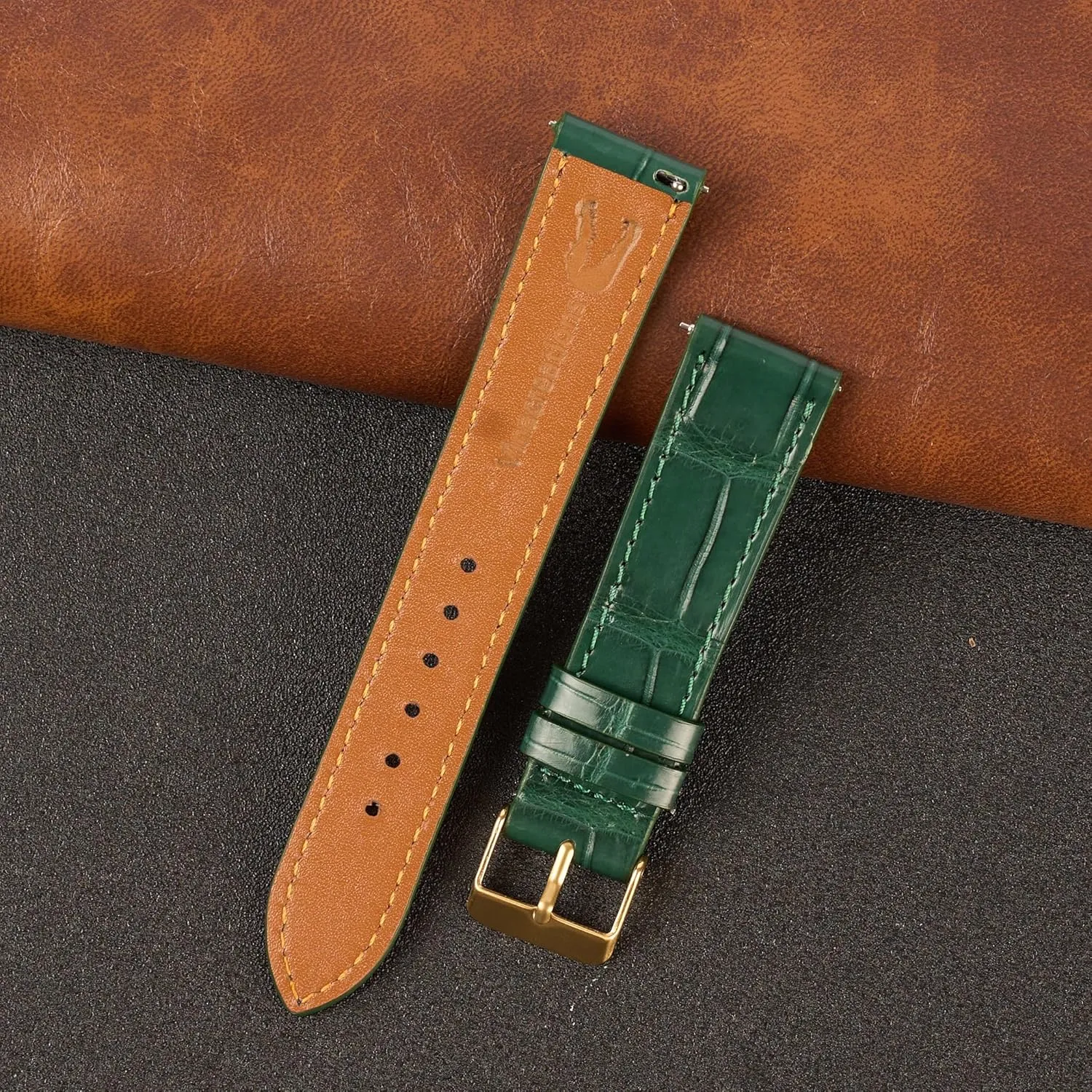 Son Husband DH-NO-08G-19MM 19mm Flat Green Leather Watch Band Quick Release Handmade Leather Strap Slim Croc Replacement Wristband for Men Stainless Steel Buckle, Christmas sour Father's Day Gift for Dad 
