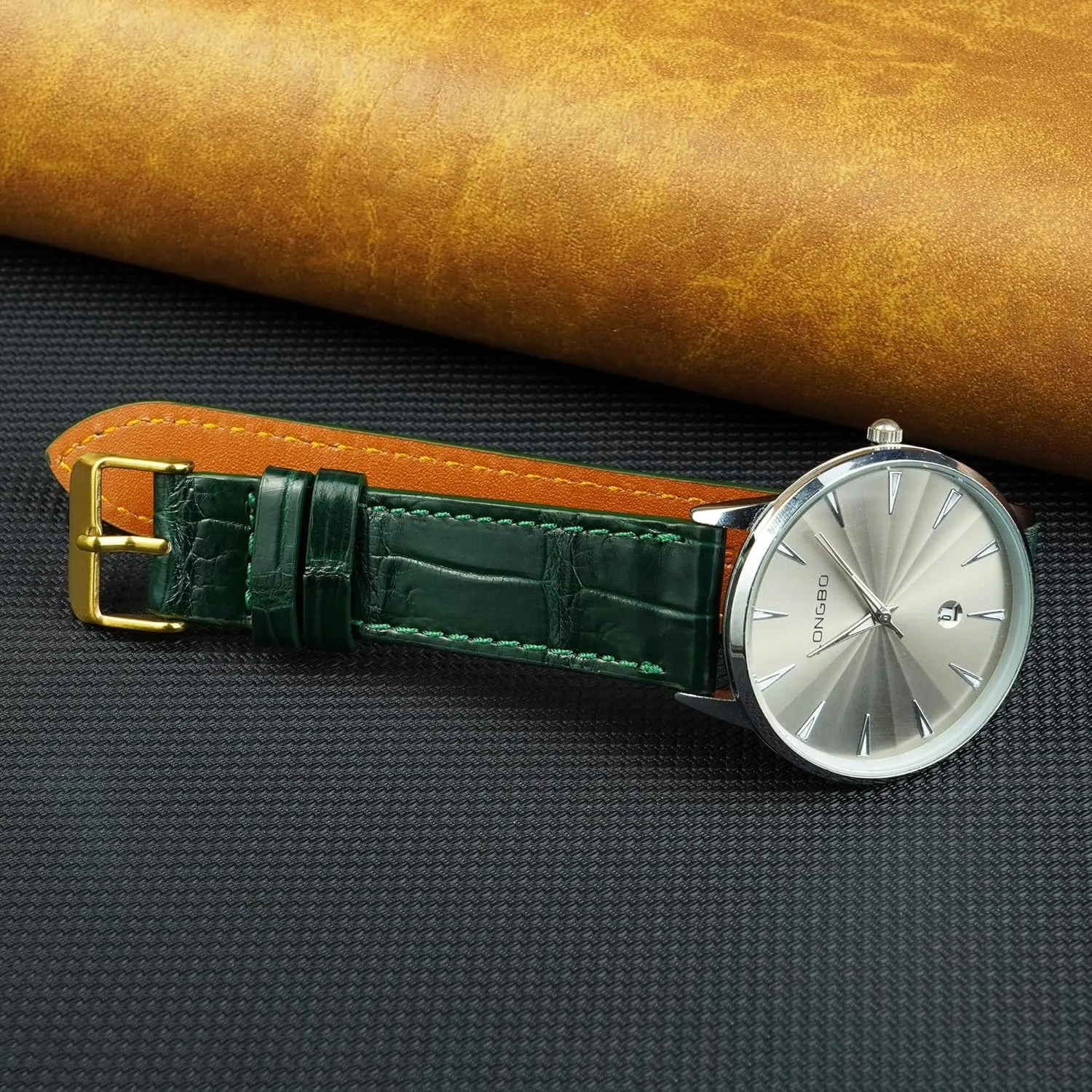 Son Husband DH-NO-08G-19MM 19mm Flat Green Leather Watch Band Quick Release Handmade Leather Strap Slim Croc Replacement Wristband for Men Stainless Steel Buckle, Christmas sour Father's Day Gift for Dad 