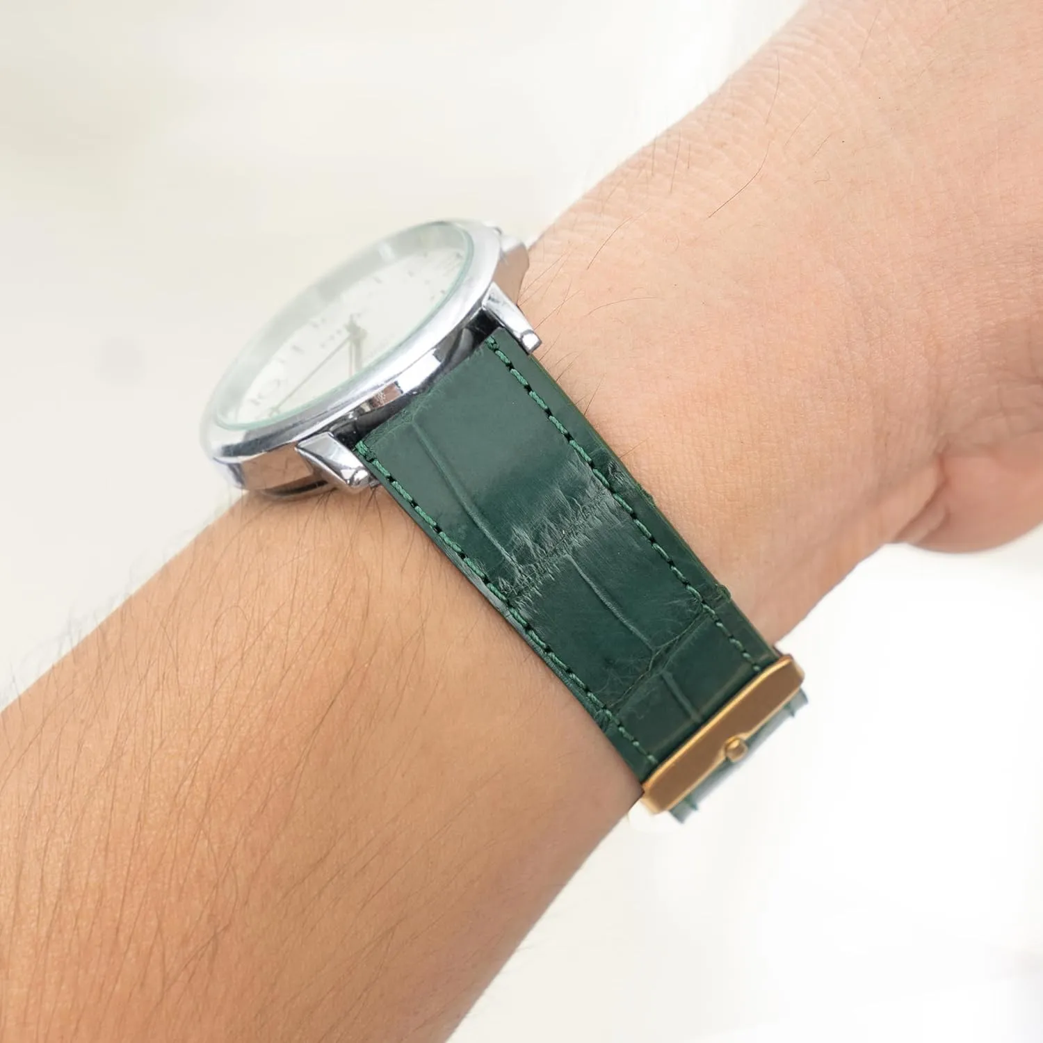 Son Husband DH-NO-08G-19MM 19mm Flat Green Leather Watch Band Quick Release Handmade Leather Strap Slim Croc Replacement Wristband for Men Stainless Steel Buckle, Christmas sour Father's Day Gift for Dad 