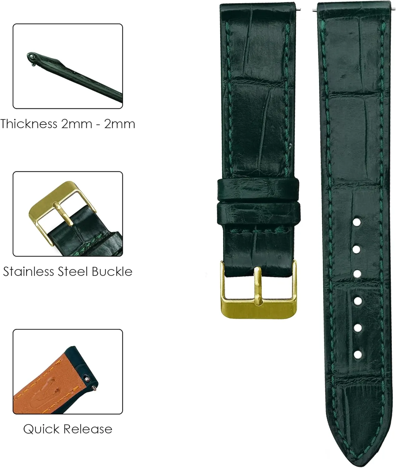 Son Husband DH-NO-08G-19MM 19mm Flat Green Leather Watch Band Quick Release Handmade Leather Strap Slim Croc Replacement Wristband for Men Stainless Steel Buckle, Christmas sour Father's Day Gift for Dad 